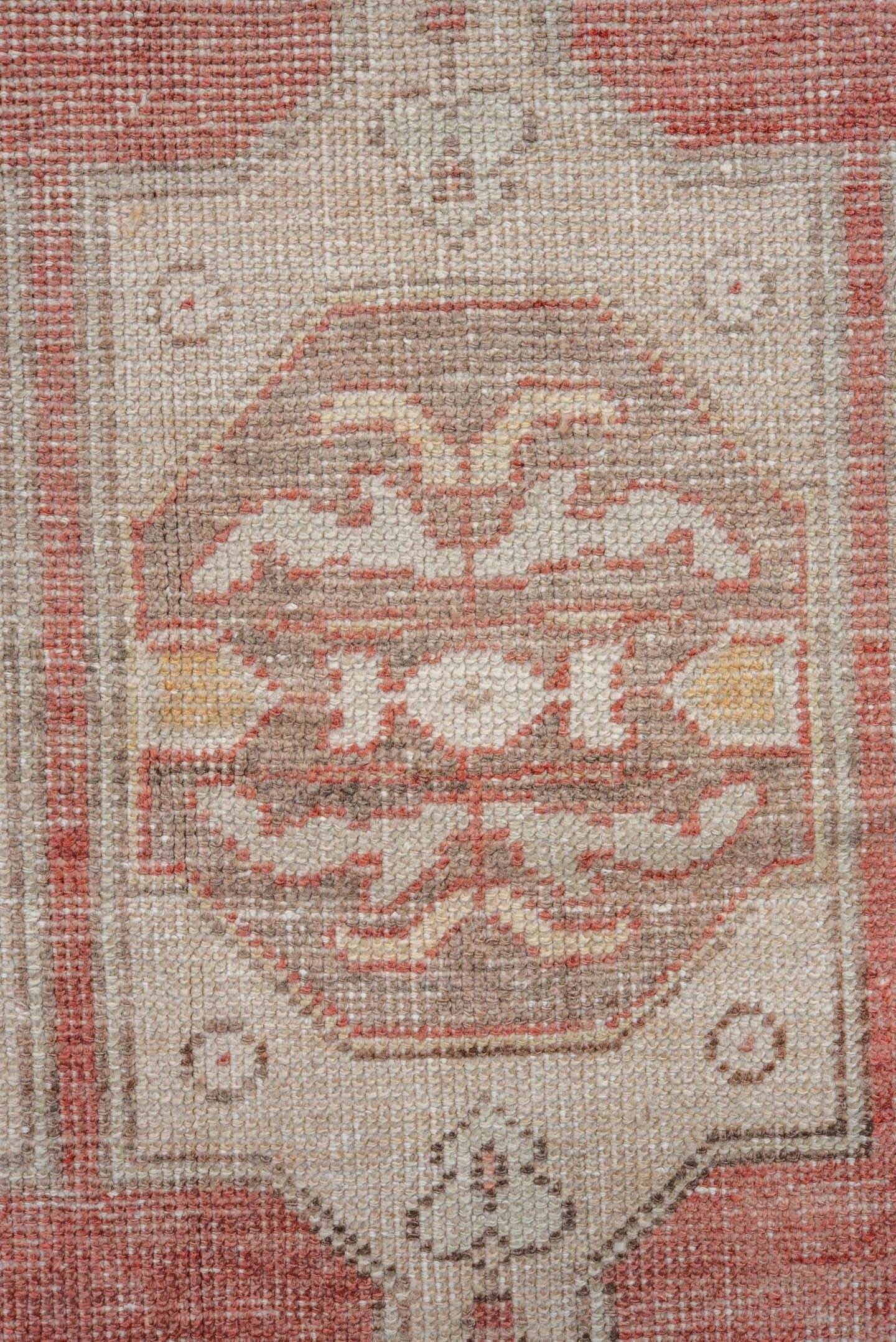 4' x 7' one-of-a-kind handmade vintage Oushak rug. Color palette: coral, ivory, taupe, gold, rust, beige, terracotta, gray