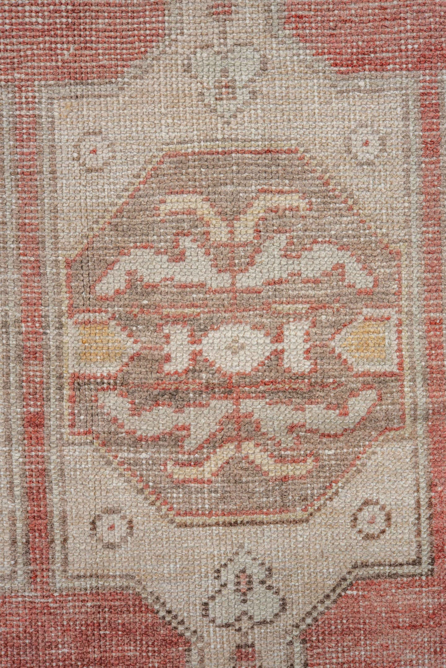 4' x 7' one-of-a-kind handmade vintage Oushak rug. Color palette: coral, ivory, taupe, gold, rust, beige, terracotta, gray