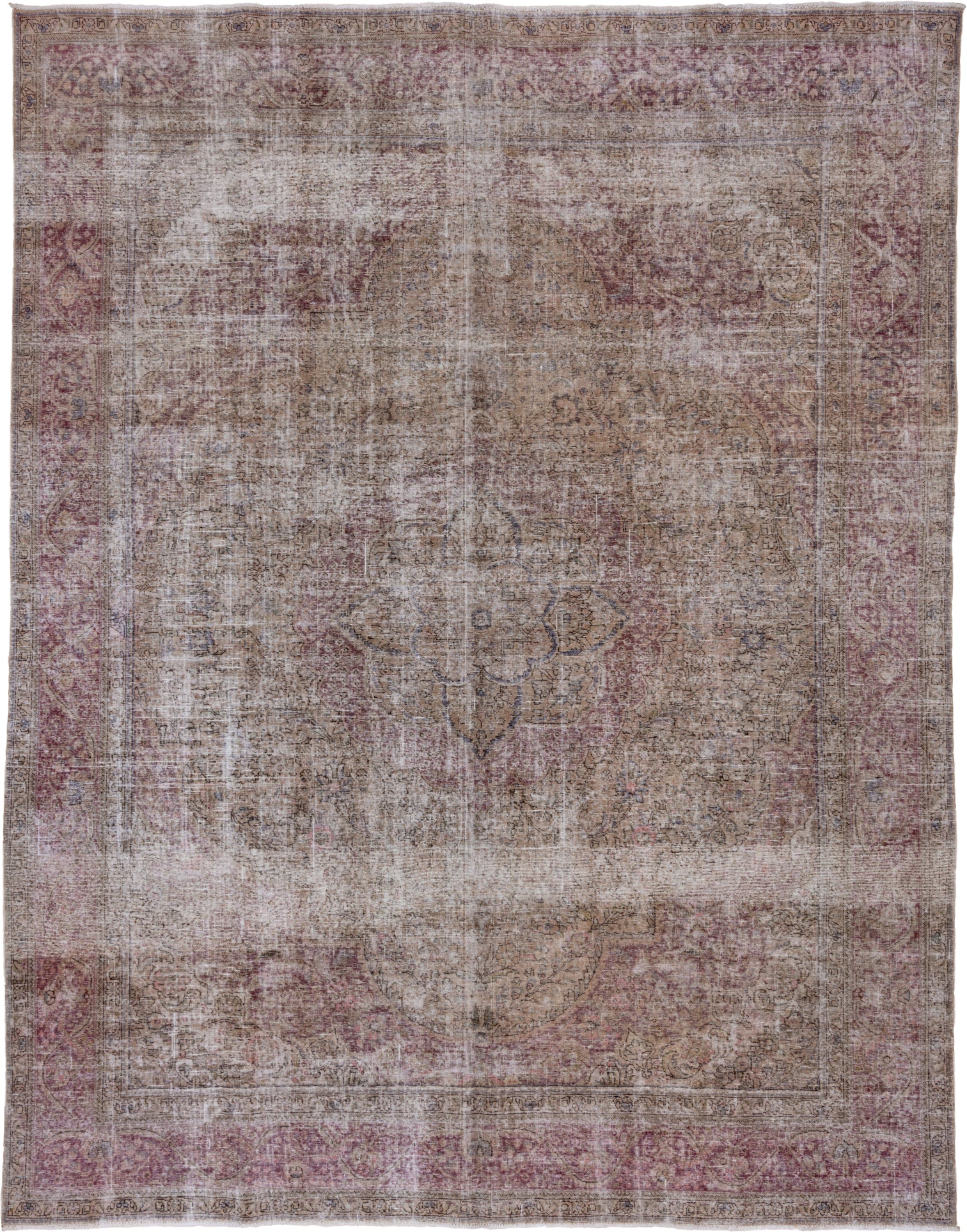 9' x 12' one-of-a-kind handmade vintage Tabriz large size rug. Color palette: taupe, rose, ivory, dusty mauve, beige, brown