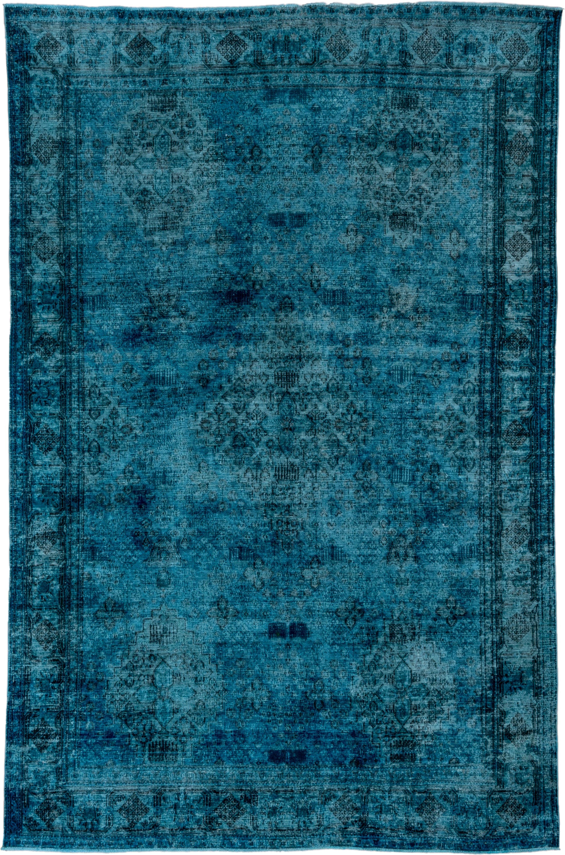 7' x 10' one-of-a-kind handmade vintage Overdyed large size rug. Color palette: teal, turquoise, aqua, charcoal, slate, gray