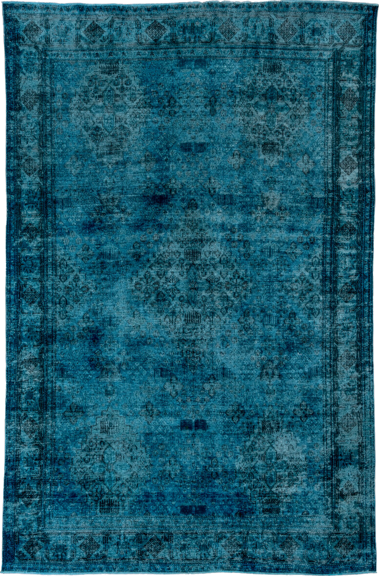 7' x 10' one-of-a-kind handmade vintage Overdyed large size rug. Color palette: blue, gray, green, light blue