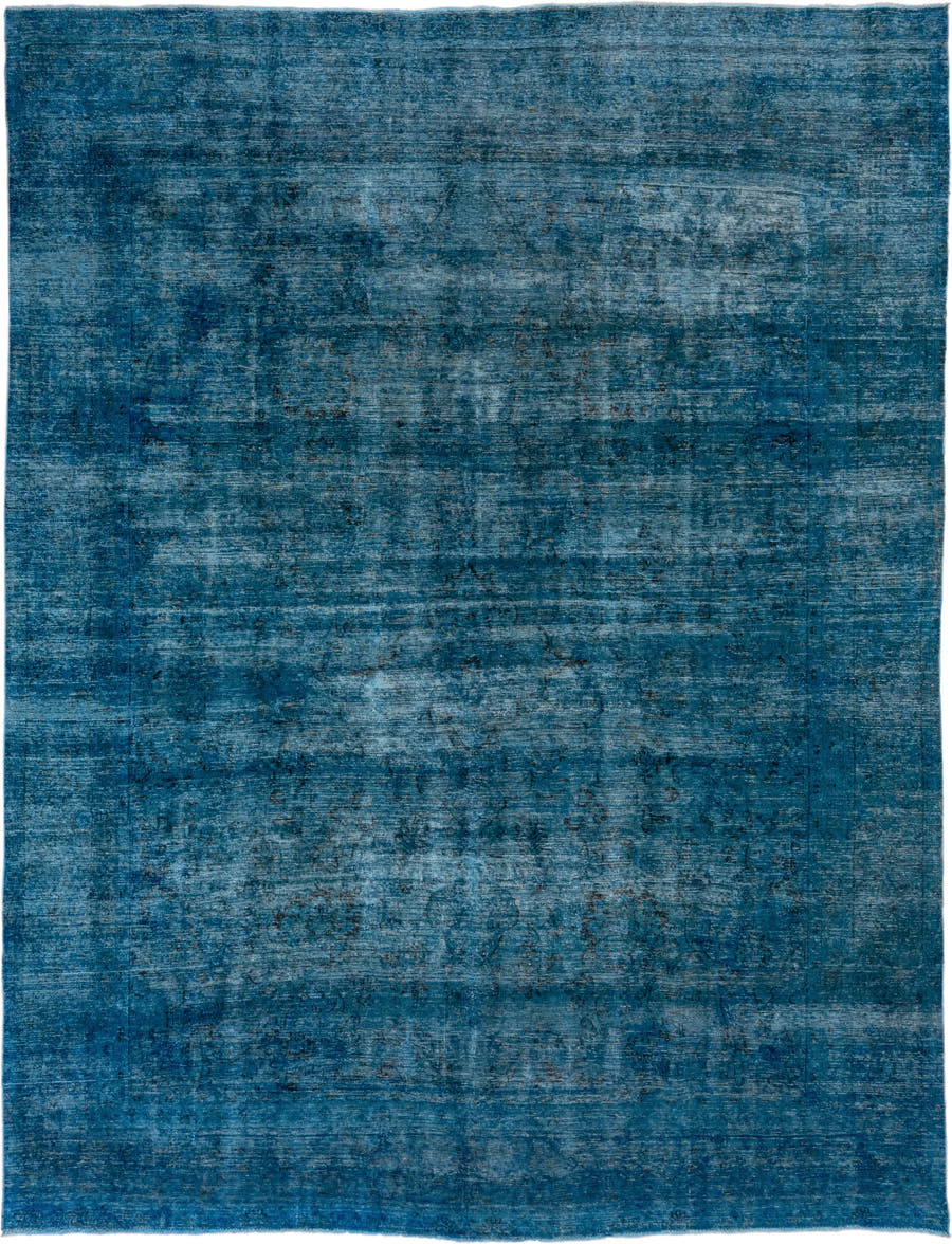 9' x 12' one-of-a-kind handmade vintage Overdyed large size rug. Color palette: teal, azure, slate, charcoal, light blue