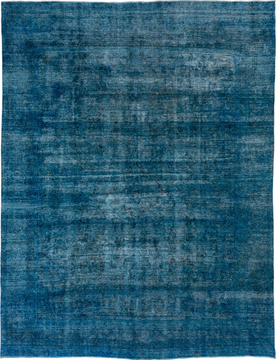 9' x 12' one-of-a-kind handmade vintage Overdyed large size rug. Color palette: arapawa, blue, gray, light blue