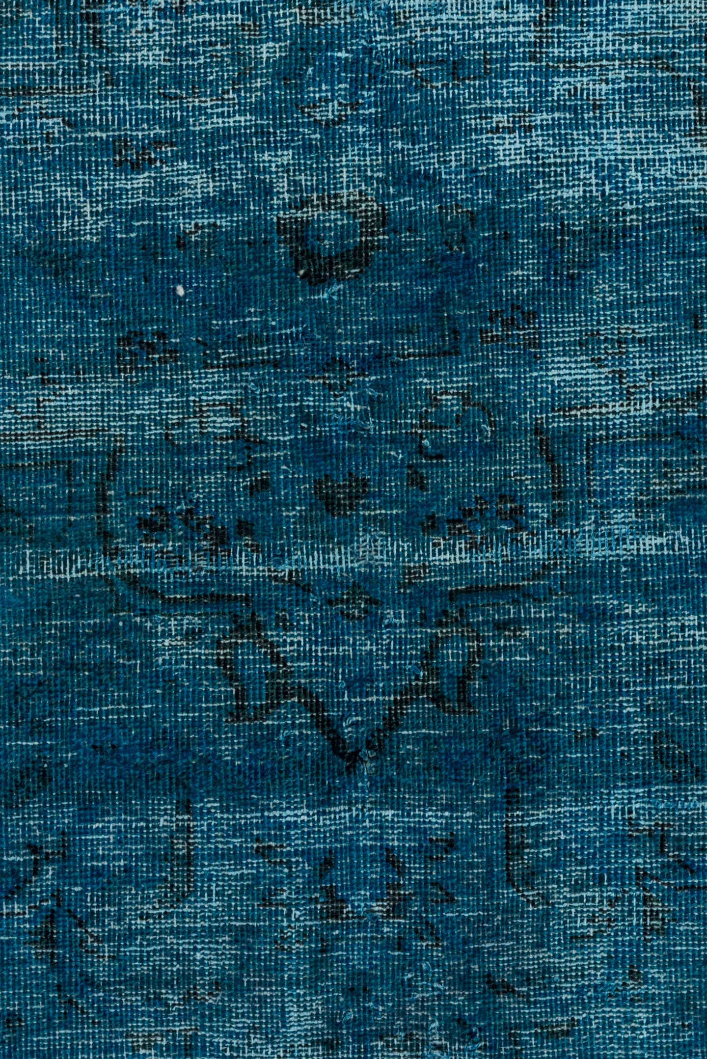9' x 12' one-of-a-kind handmade vintage Overdyed large size rug. Color palette: teal, azure, slate, charcoal, light blue