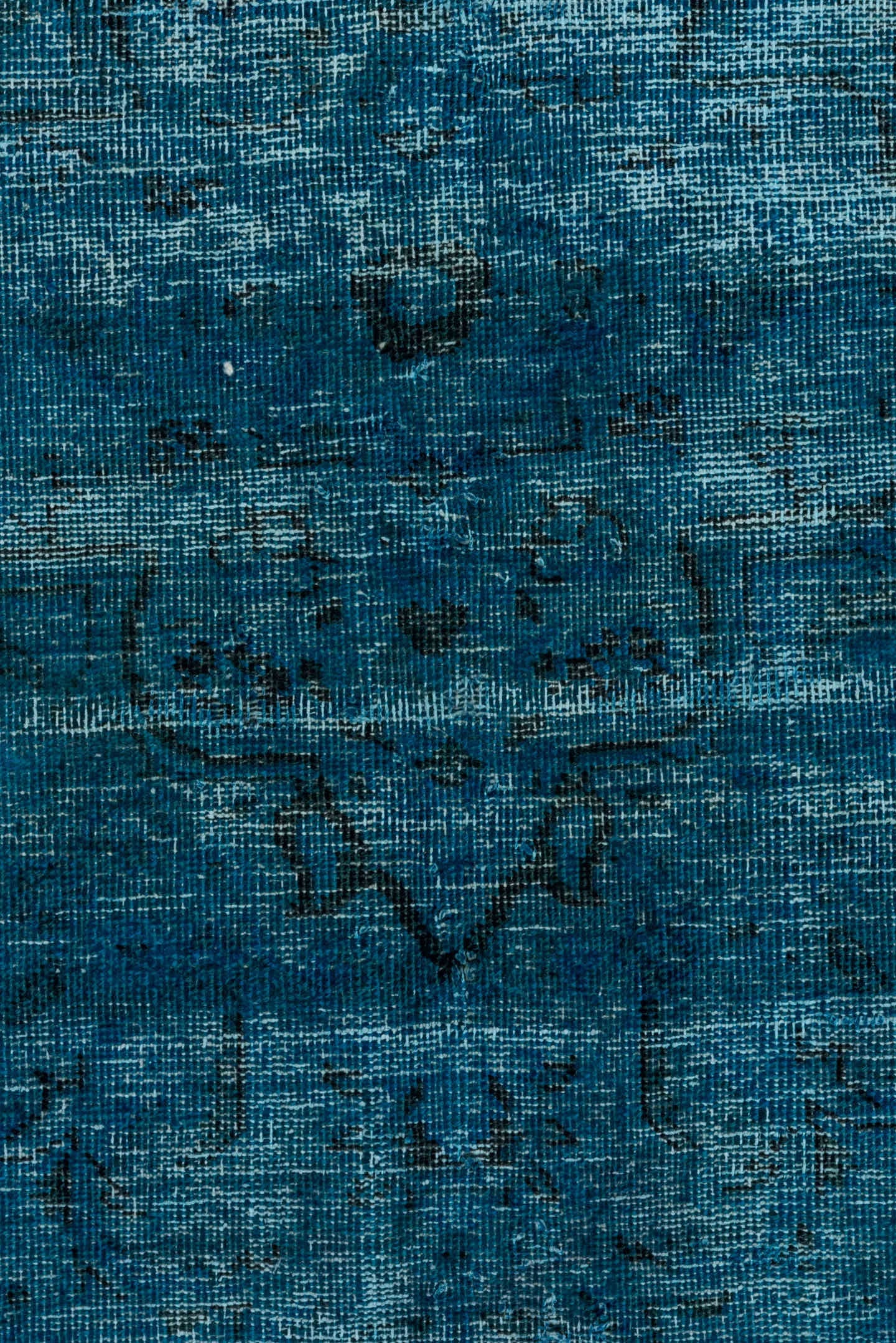 9' x 12' one-of-a-kind handmade vintage Overdyed large size rug. Color palette: teal, azure, slate, charcoal, light blue