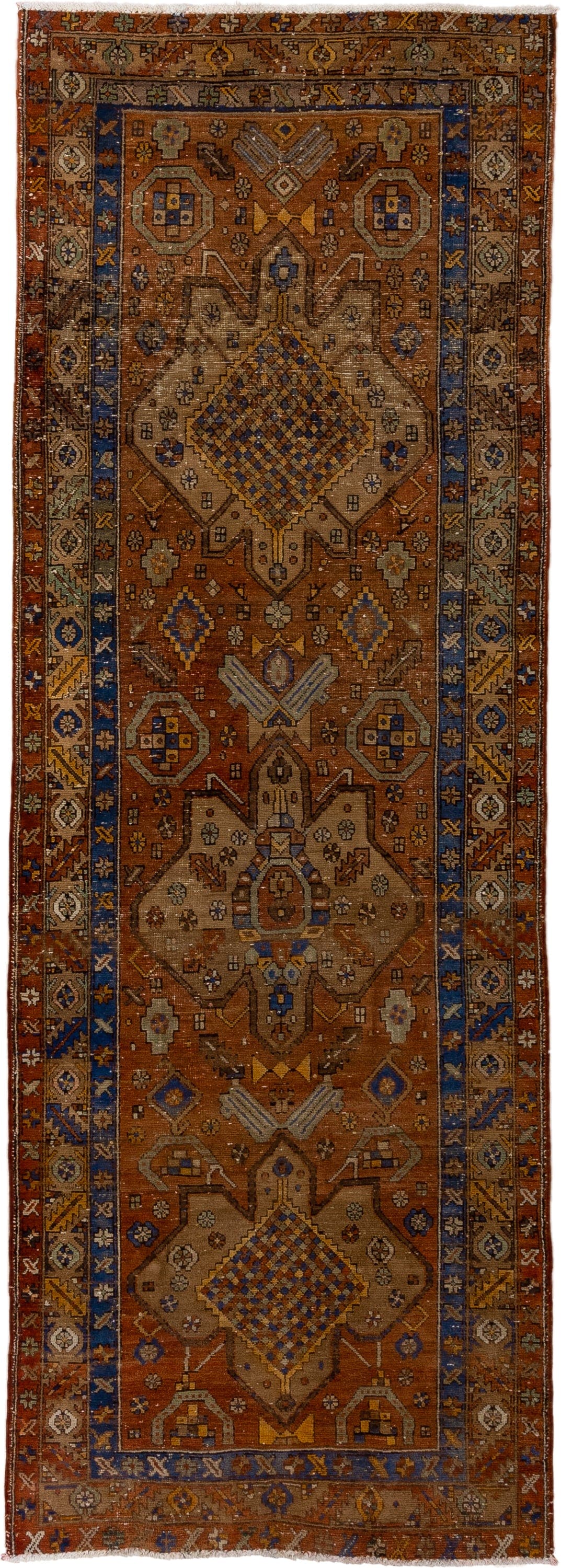 3' x 10' one-of-a-kind handmade vintage Heriz runner rug. Color palette: rust, camel, cobalt, ivory, gold, taupe, brown