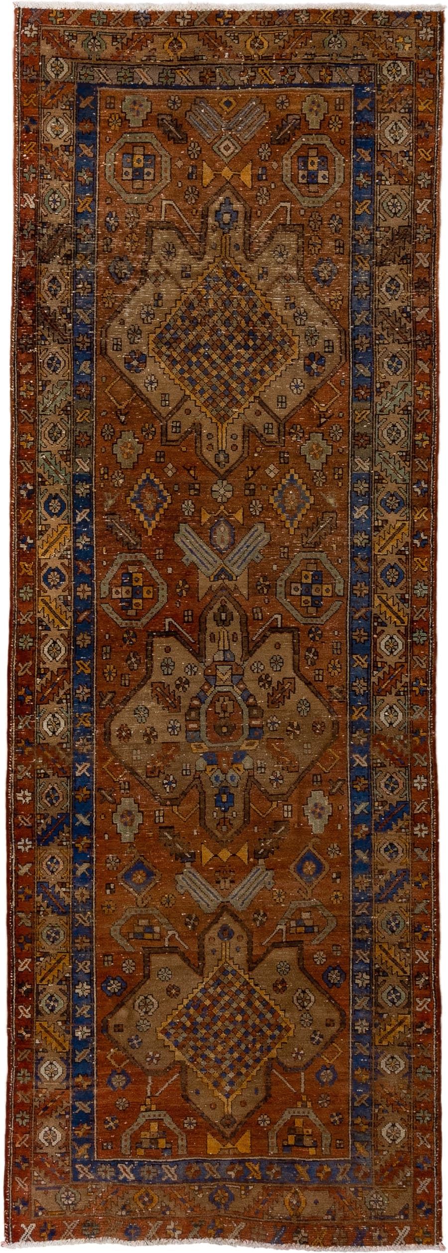 3' x 10' one-of-a-kind handmade vintage Heriz runner rug. Color palette: rust, camel, cobalt, ivory, gold, taupe, brown