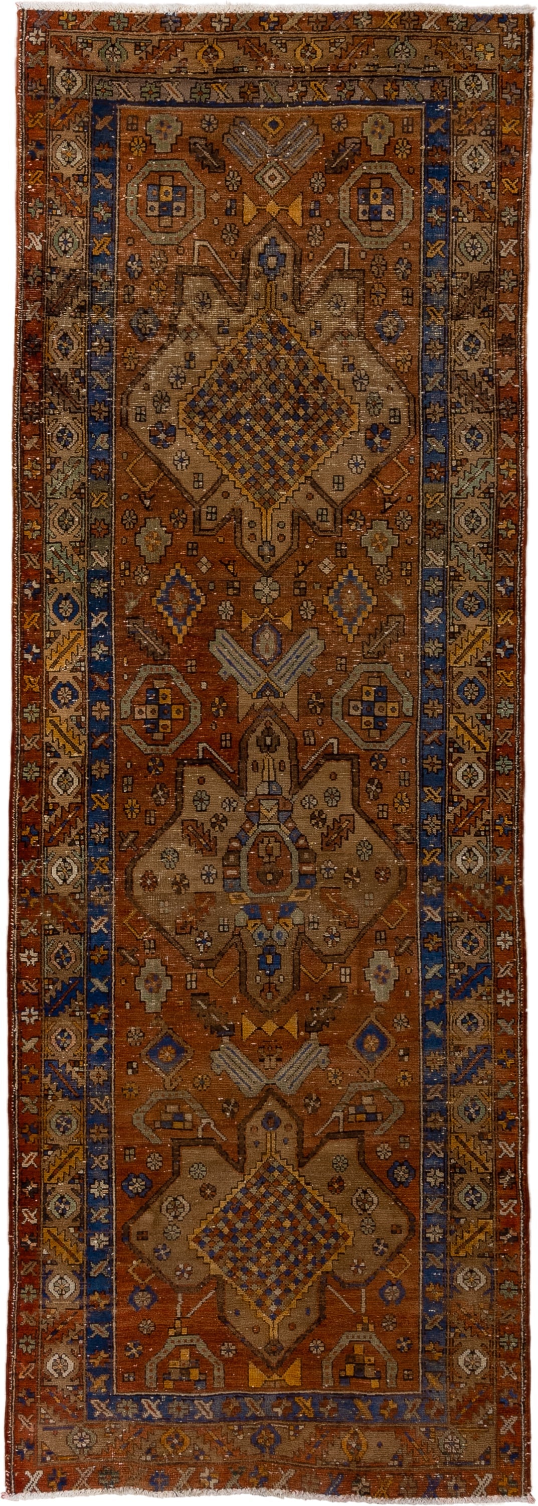 3' x 10' one-of-a-kind handmade vintage Heriz runner rug. Color palette: rust, camel, cobalt, ivory, gold, taupe, brown