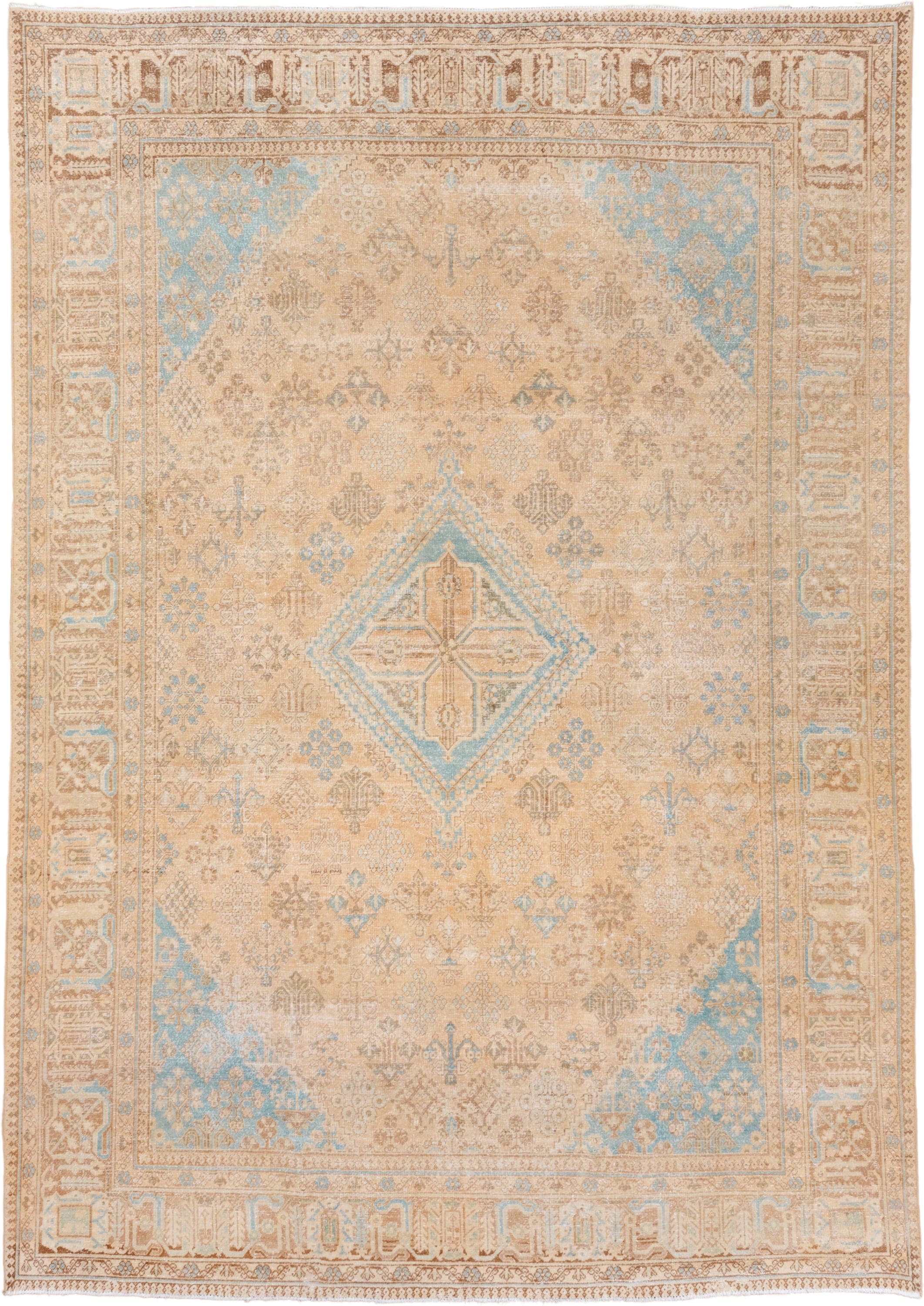 7' x 10' one-of-a-kind handmade vintage Joshegan large size rug. Color palette: camel, ivory, sky_blue, taupe, tan