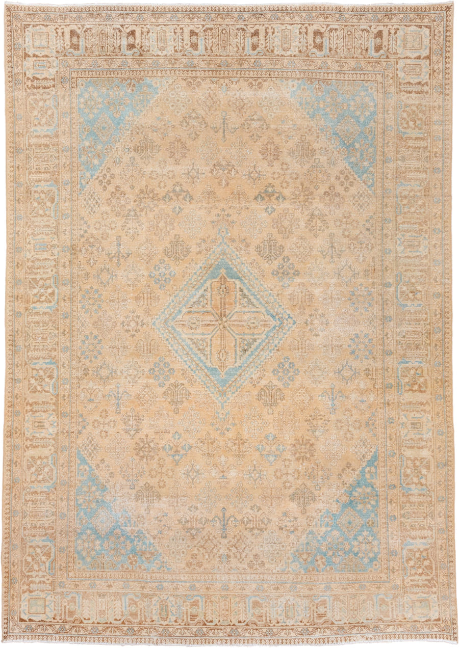 7' x 10' one-of-a-kind handmade vintage Joshegan large size rug. Color palette: camel, ivory, sky_blue, taupe, tan