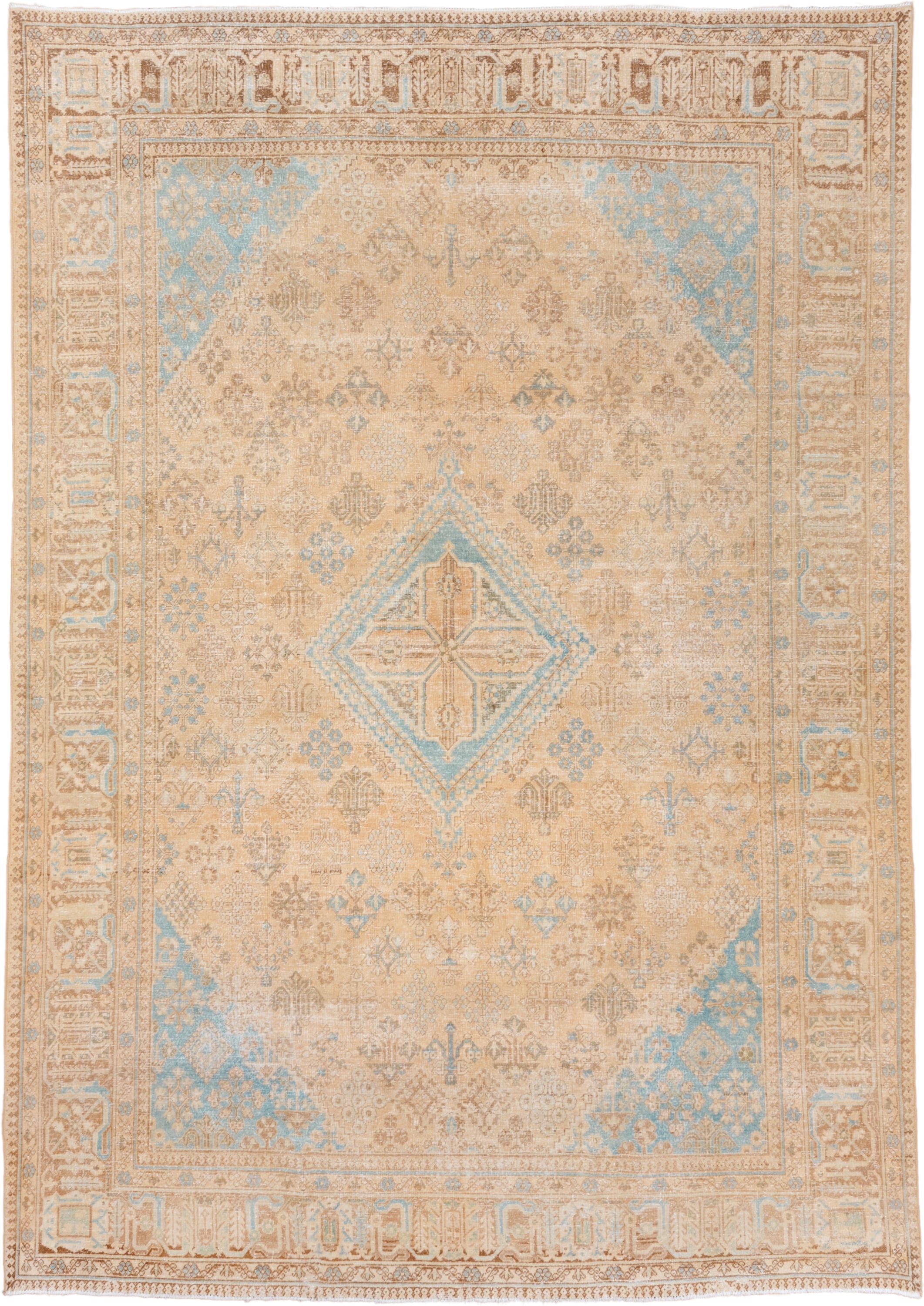 7' x 10' one-of-a-kind handmade vintage Joshegan large size rug. Color palette: camel, ivory, sky_blue, taupe, tan