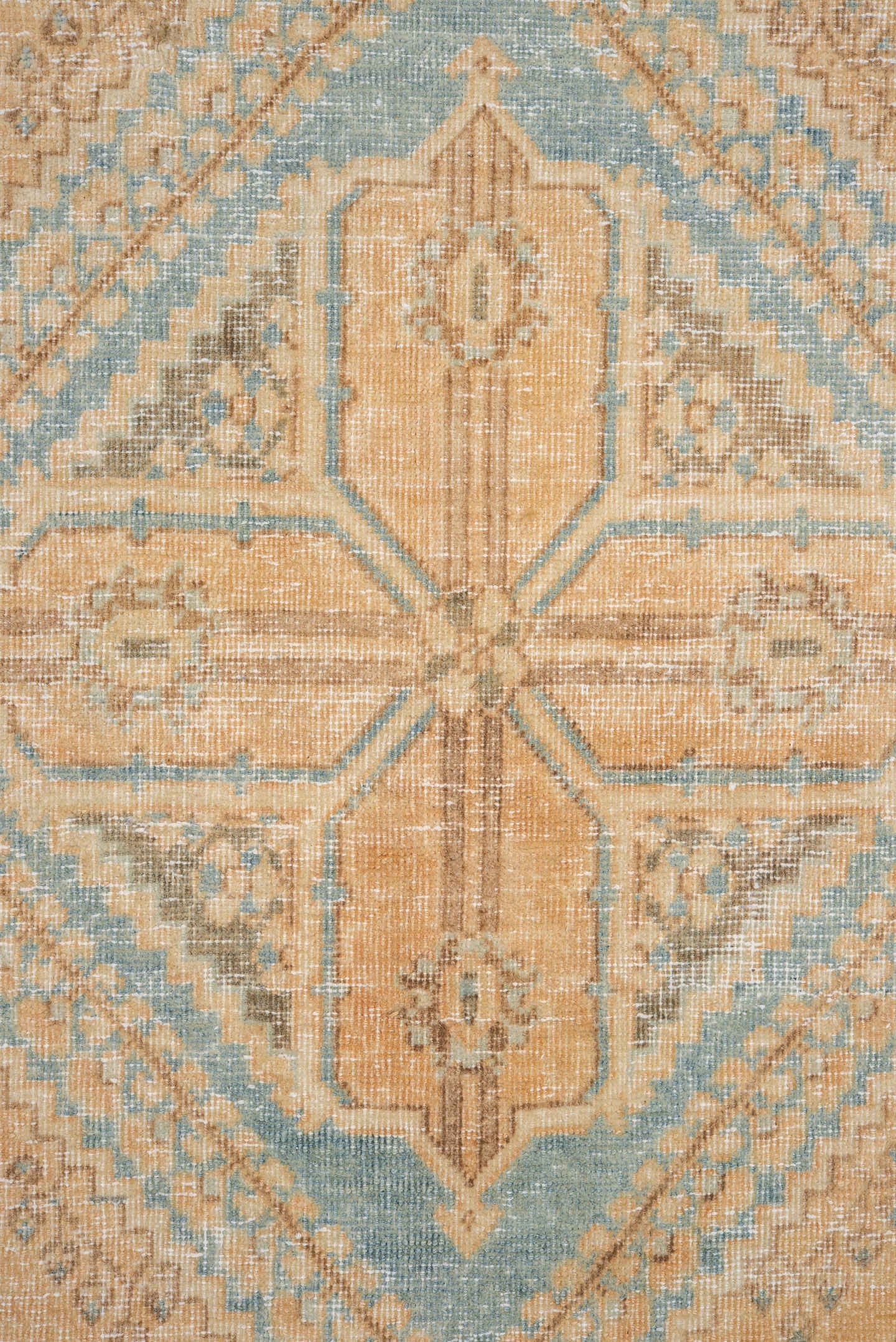 7' x 10' one-of-a-kind handmade vintage Joshegan large size rug. Color palette: camel, ivory, sky_blue, taupe, tan