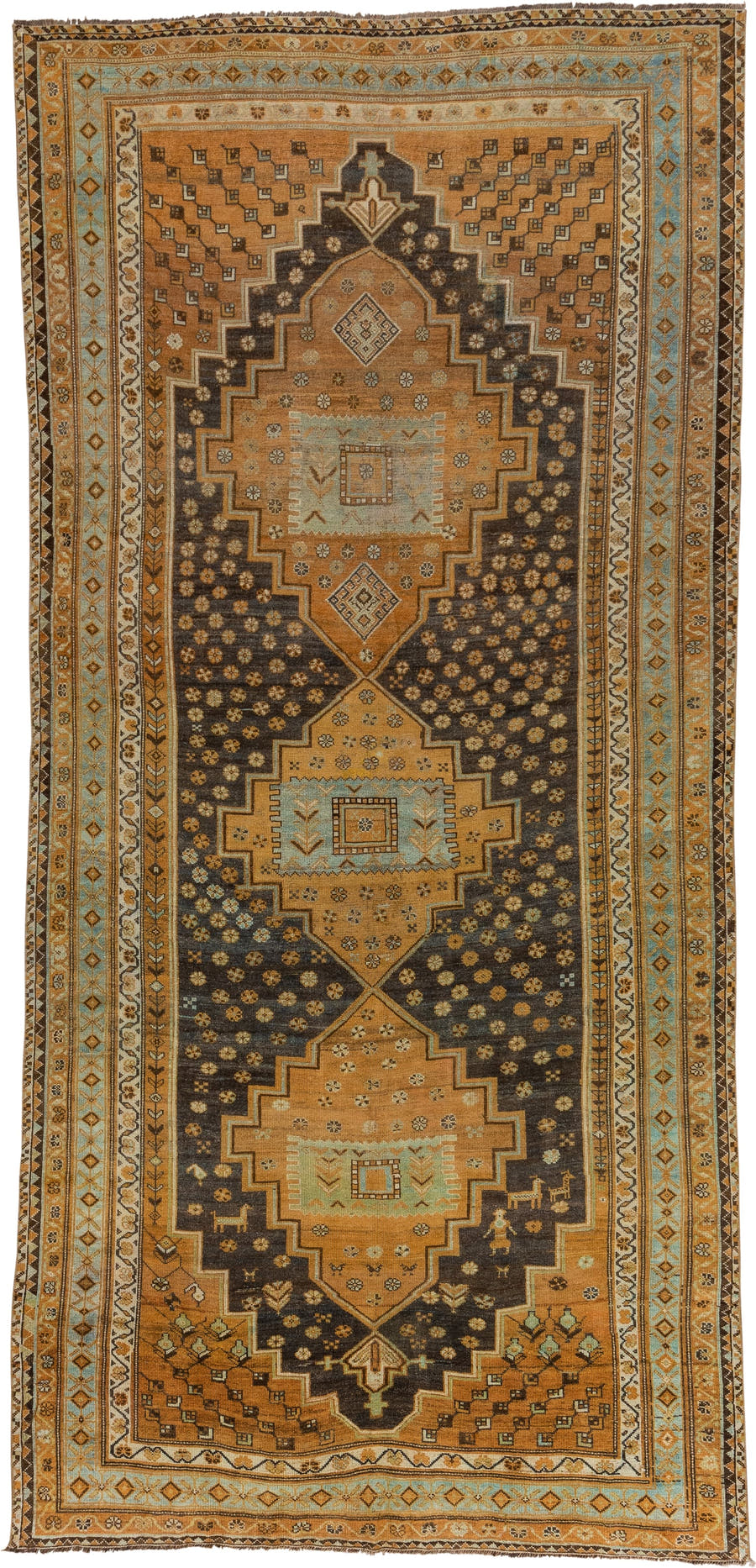6' x 12' one-of-a-kind handmade vintage Kurd large size rug. Color palette: camel, brown, sky blue, ivory, taupe, charcoal