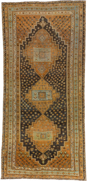 6' x 12' one-of-a-kind handmade vintage Kurd large size rug. Color palette: camel, brown, sky blue, ivory, taupe, charcoal