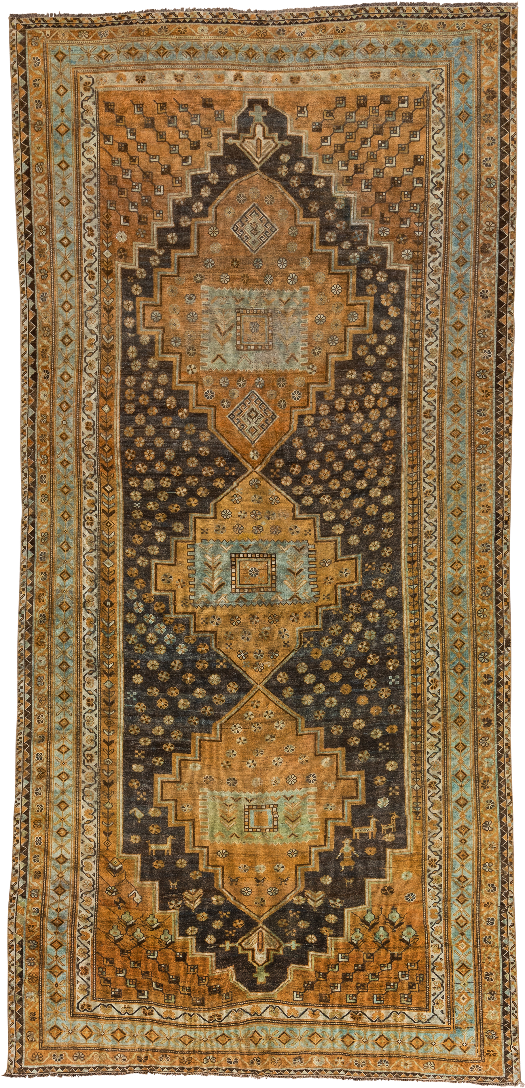 6' x 12' one-of-a-kind handmade vintage Kurd large size rug. Color palette: camel, brown, sky blue, ivory, taupe, charcoal