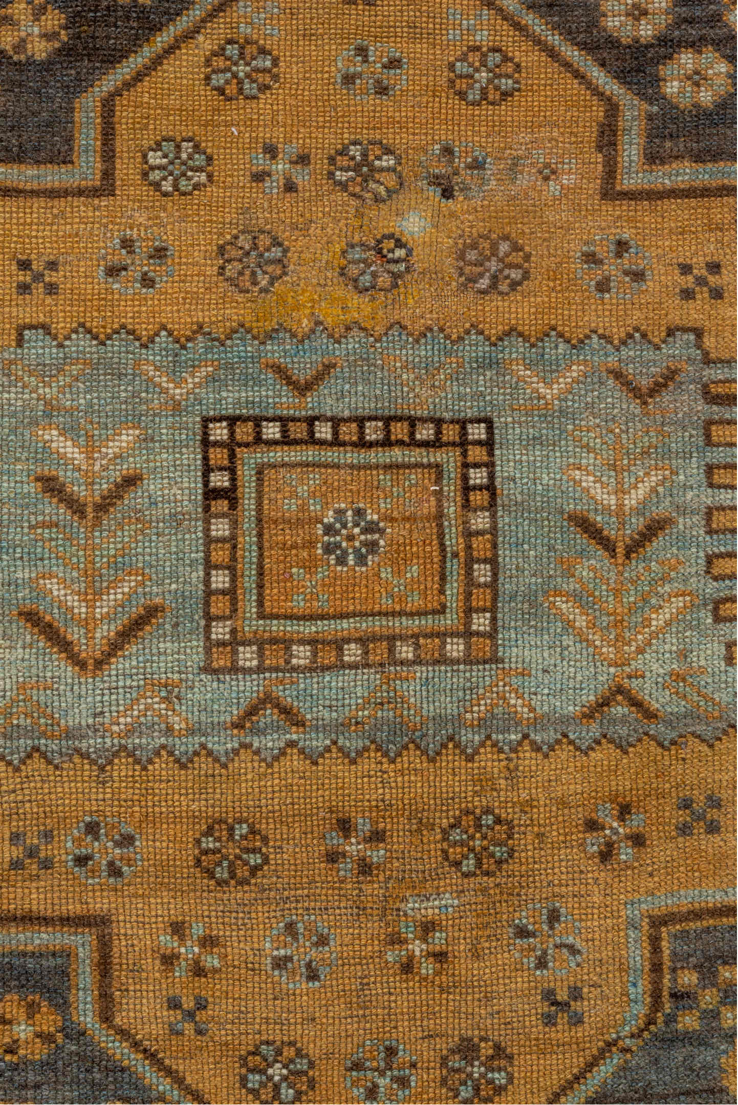 6' x 12' one-of-a-kind handmade vintage Kurd large size rug. Color palette: camel, brown, sky blue, ivory, taupe, charcoal