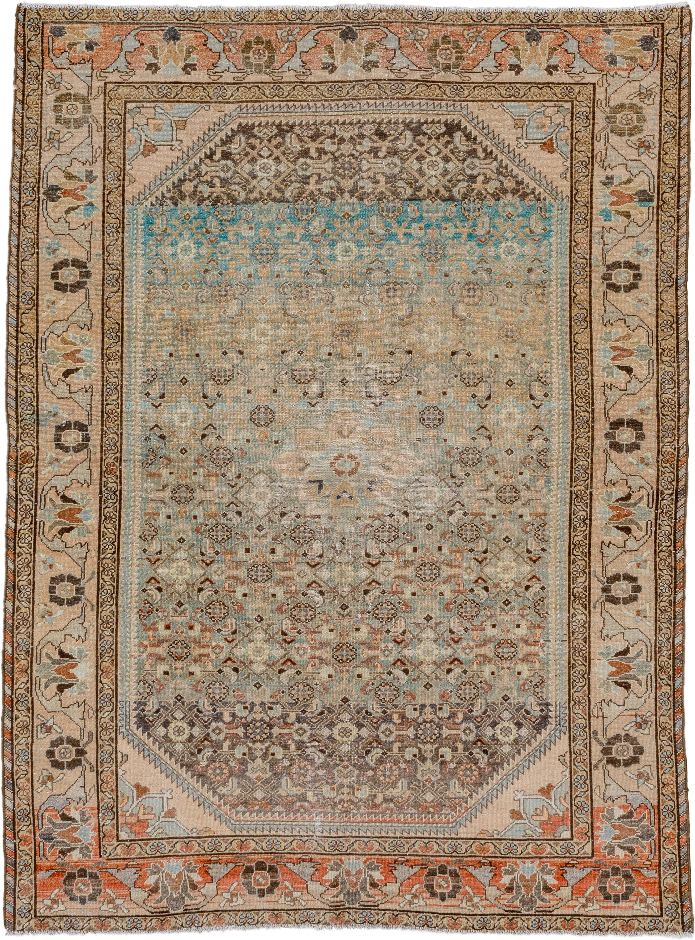 4' x 6' one-of-a-kind handmade vintage Malayer small size rug. Color palette: ivory, light blue, taupe, brown, terra cotta