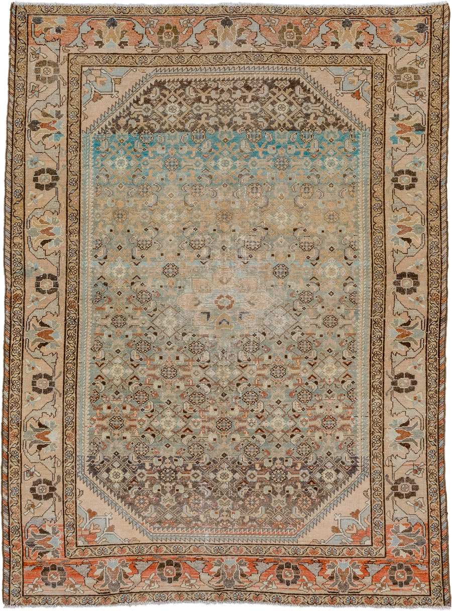 4' x 6' one-of-a-kind handmade vintage Malayer small size rug. Color palette: ivory, light blue, taupe, brown, terra cotta