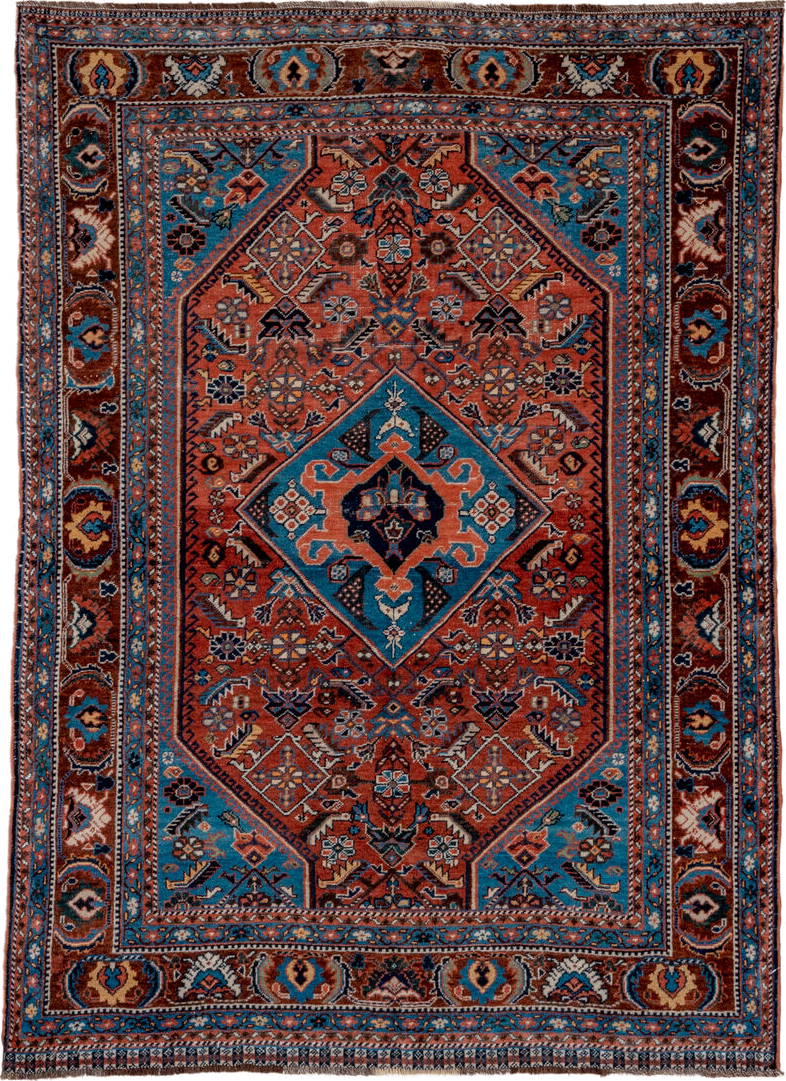 3' x 5' one-of-a-kind handmade vintage Shiraz small size rug. Color palette: rust, turquoise, navy, ivory, camel, brown
