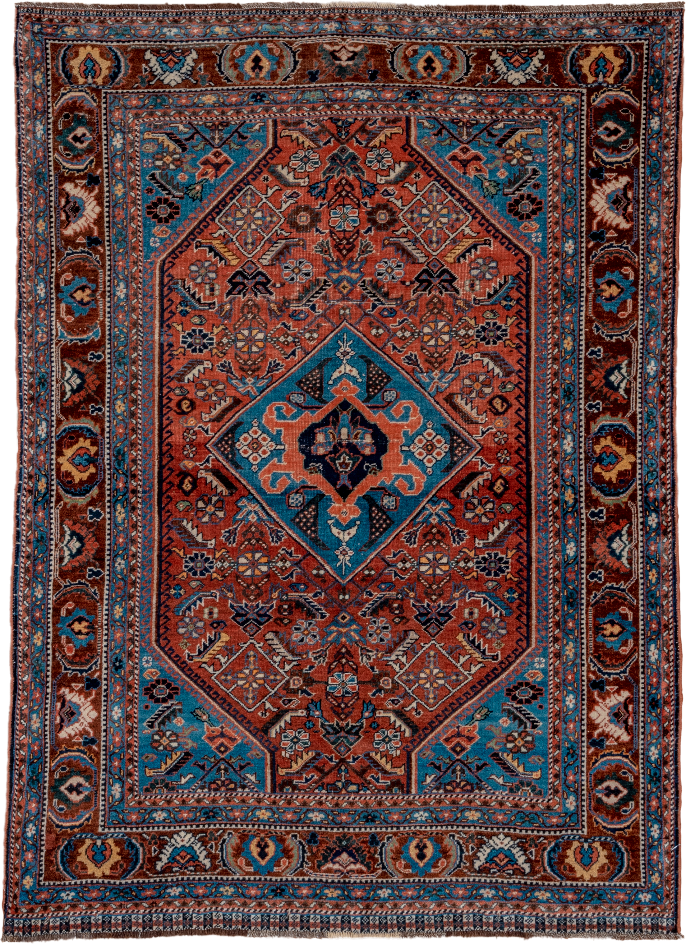 3' x 5' one-of-a-kind handmade vintage Shiraz small size rug. Color palette: rust, turquoise, navy, ivory, camel, brown