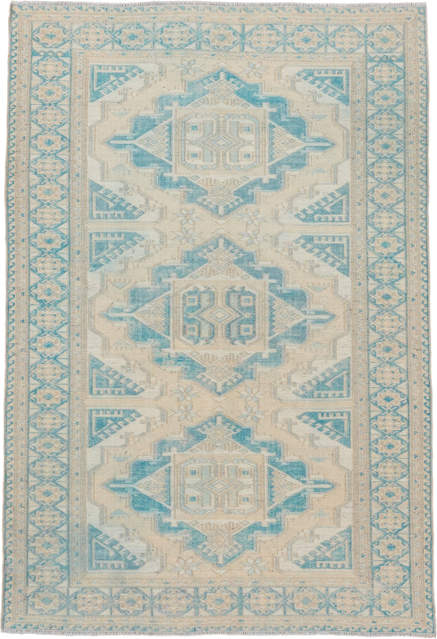 4' x 5' one-of-a-kind handmade vintage Sumak small size rug. Color palette: ivory, sky blue, beige, cream, taupe, light blue