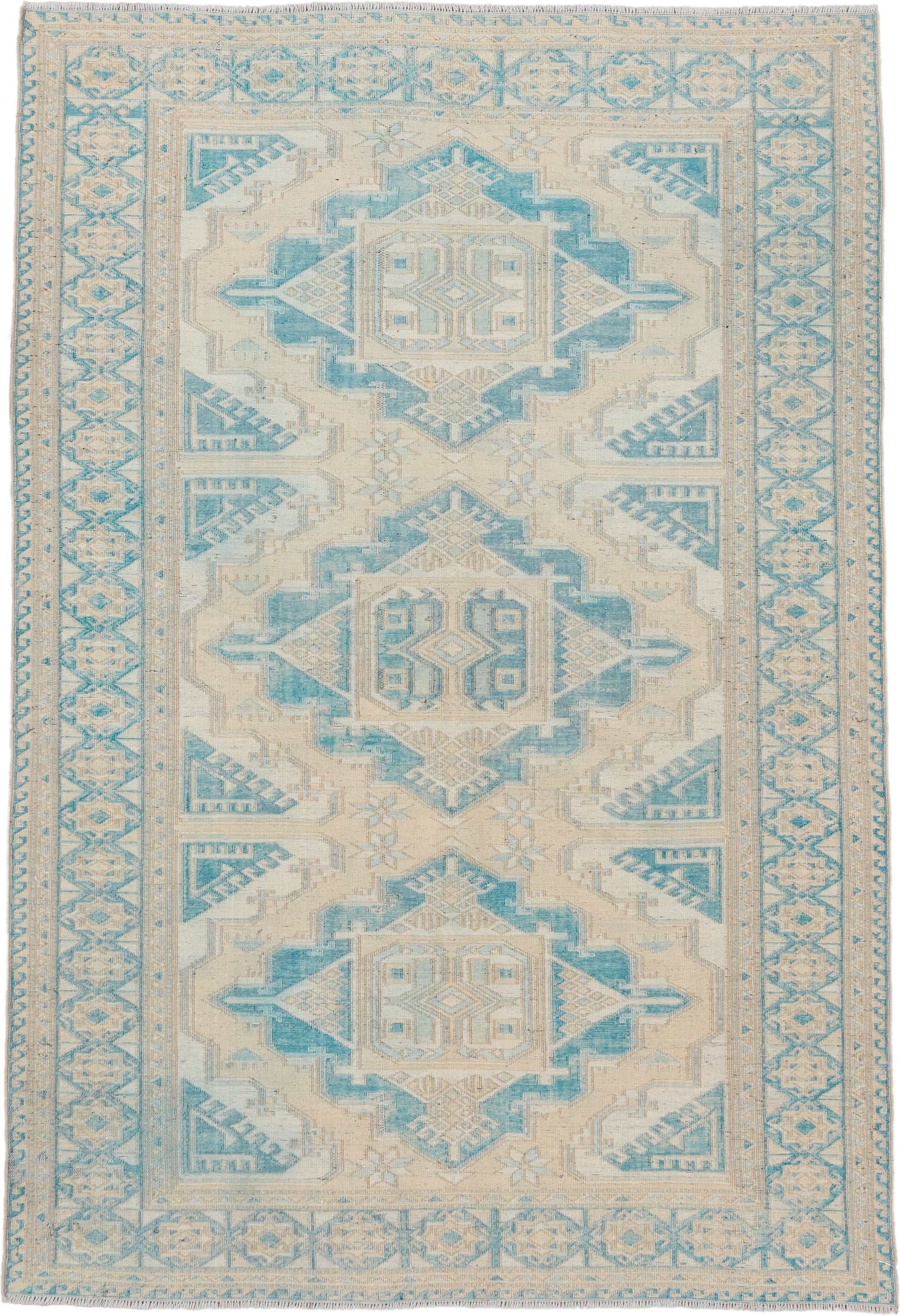 4' x 5' one-of-a-kind handmade vintage Sumak small size rug. Color palette: ivory, sky blue, beige, cream, taupe, light blue