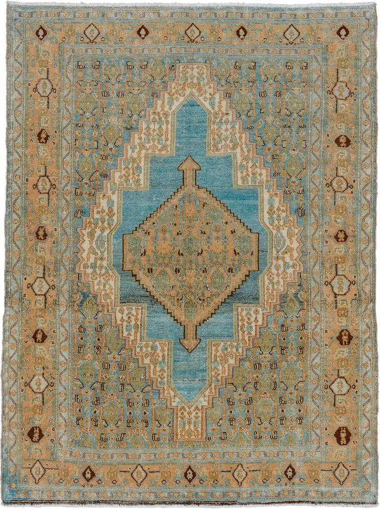 3' x 5' one-of-a-kind handmade vintage Senne small size rug. Color palette: camel, sky blue, ivory, taupe, brown, sage