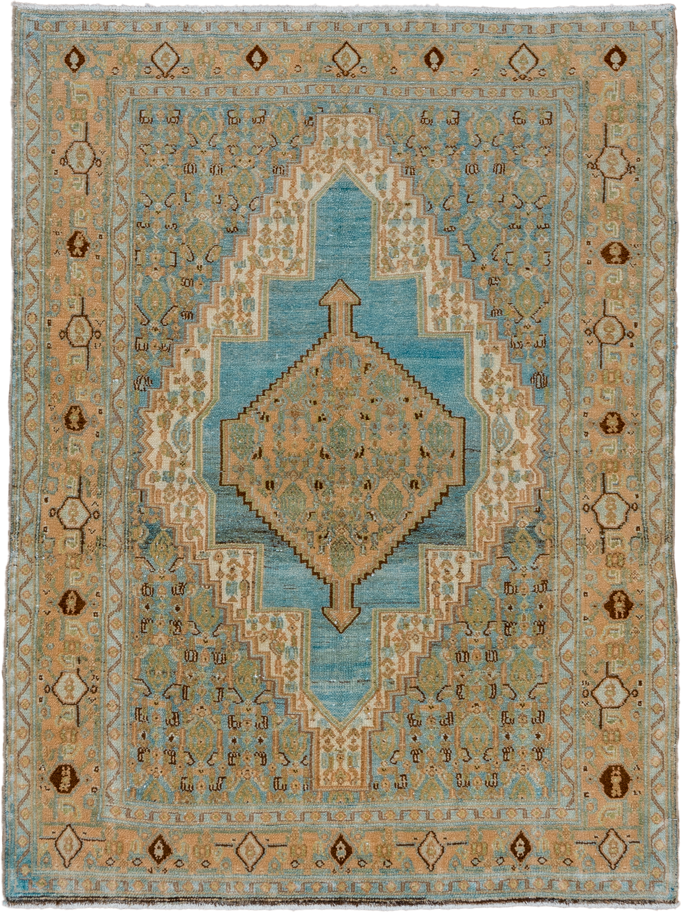 3' x 5' one-of-a-kind handmade vintage Senne small size rug. Color palette: camel, sky blue, ivory, taupe, brown, sage
