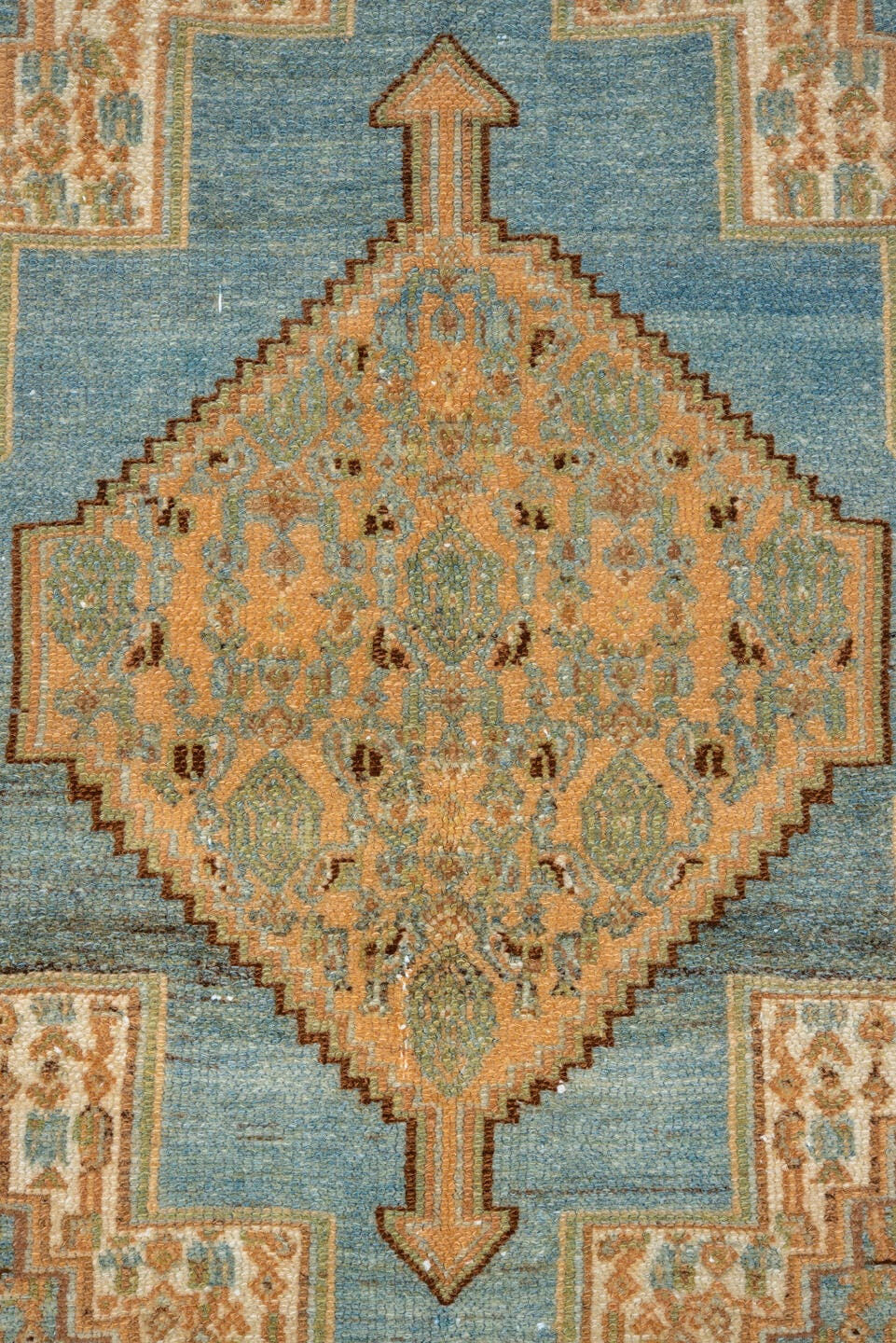 3' x 5' one-of-a-kind handmade vintage Senne small size rug. Color palette: camel, sky blue, ivory, taupe, brown, sage