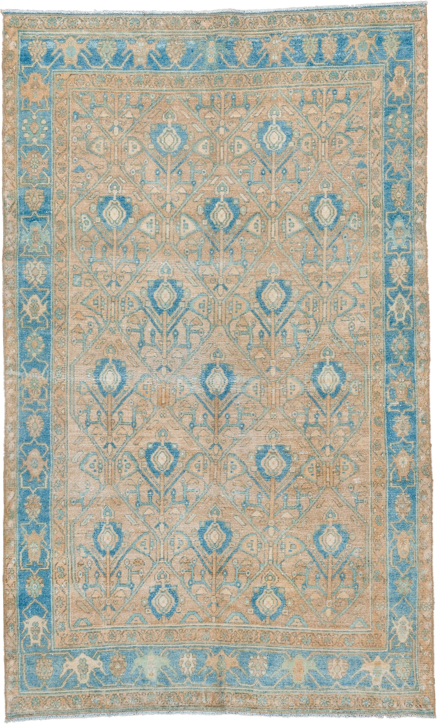 4' x 7' one-of-a-kind handmade vintage Malayer rug. Color palette: beige, sky blue, ivory, tan, camel, light blue