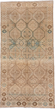 5' x 10' one-of-a-kind handmade vintage Baktiary medium size rug. Color palette: camel, ivory, taupe, brown, sky_blue, beige