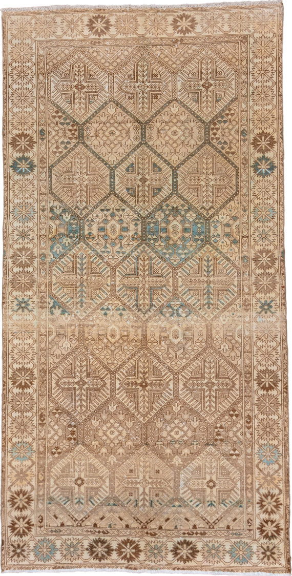 5' x 10' one-of-a-kind handmade vintage Baktiary medium size rug. Color palette: camel, ivory, taupe, brown, sky_blue, beige