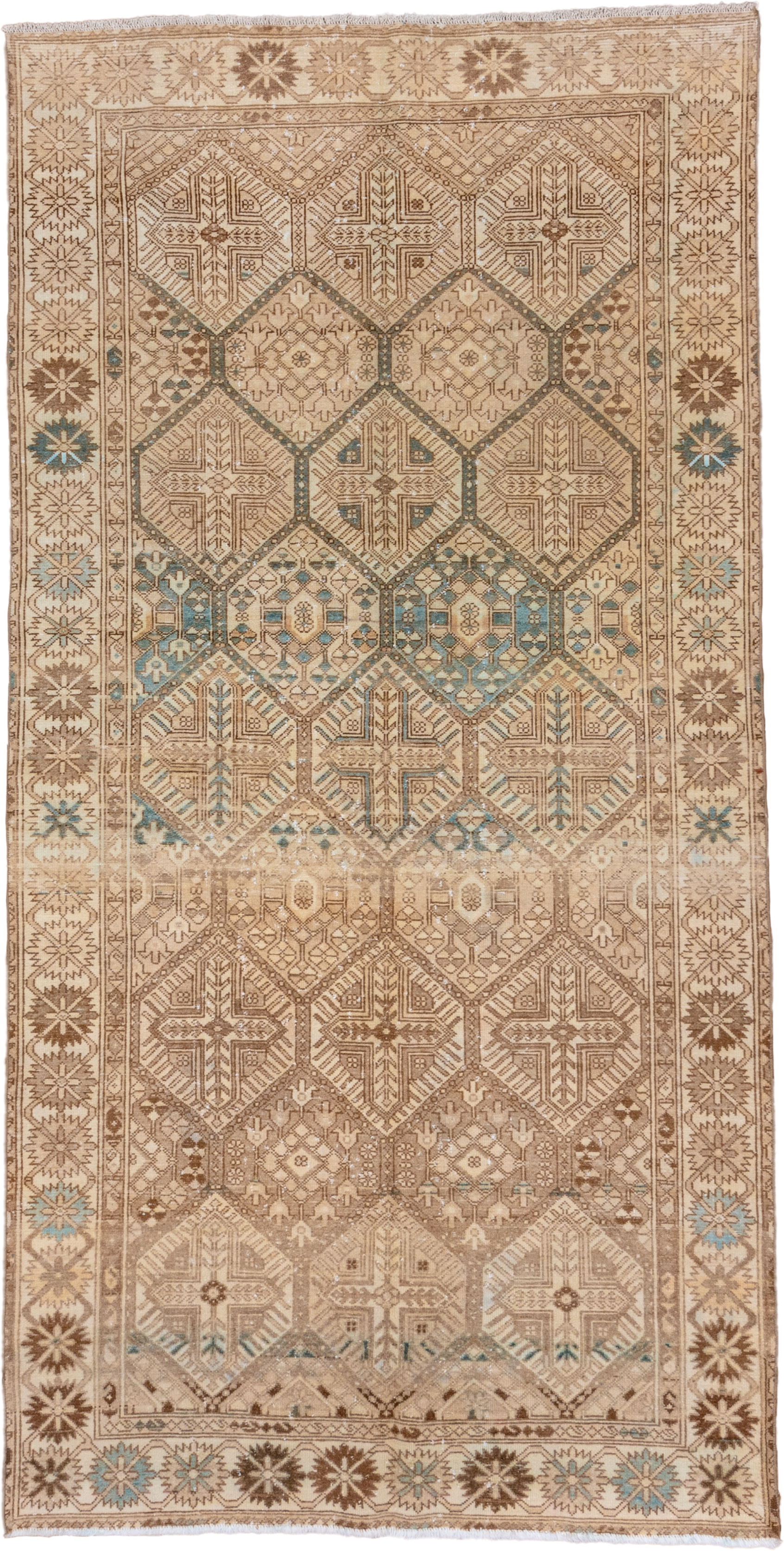 5' x 10' one-of-a-kind handmade vintage Baktiary medium size rug. Color palette: camel, ivory, taupe, brown, sky_blue, beige
