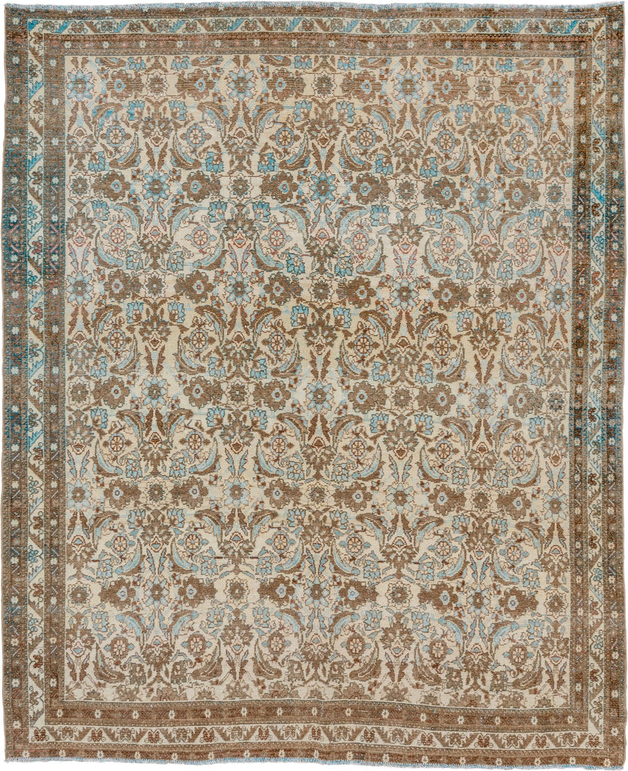 5' x 6' one-of-a-kind handmade vintage Malayer rug. Color palette: ivory, camel, sky_blue, taupe, brown, beige, light blue