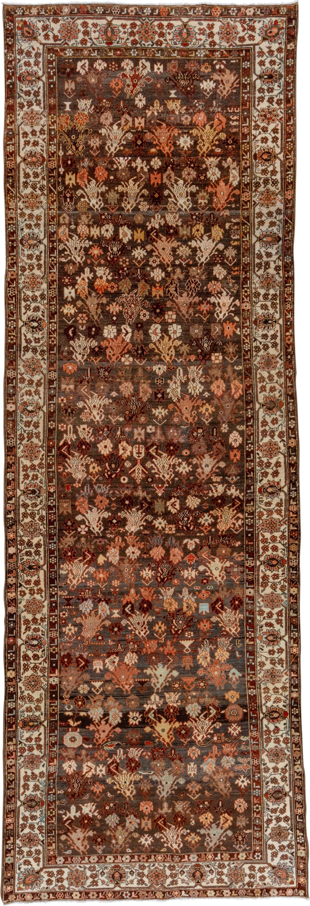 4' x 13' one-of-a-kind handmade vintage Malayer runner rug. Color palette: brown, ivory, rust, terra cotta, charcoal, camel