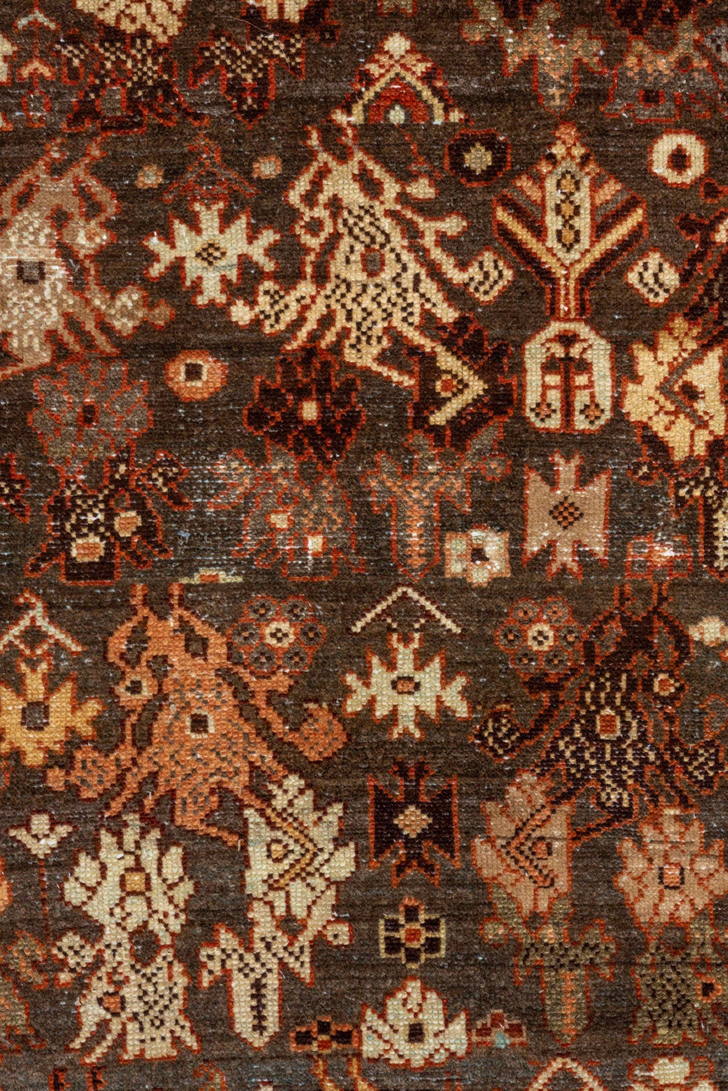 4' x 13' one-of-a-kind handmade vintage Malayer runner rug. Color palette: brown, ivory, rust, terra cotta, charcoal, camel