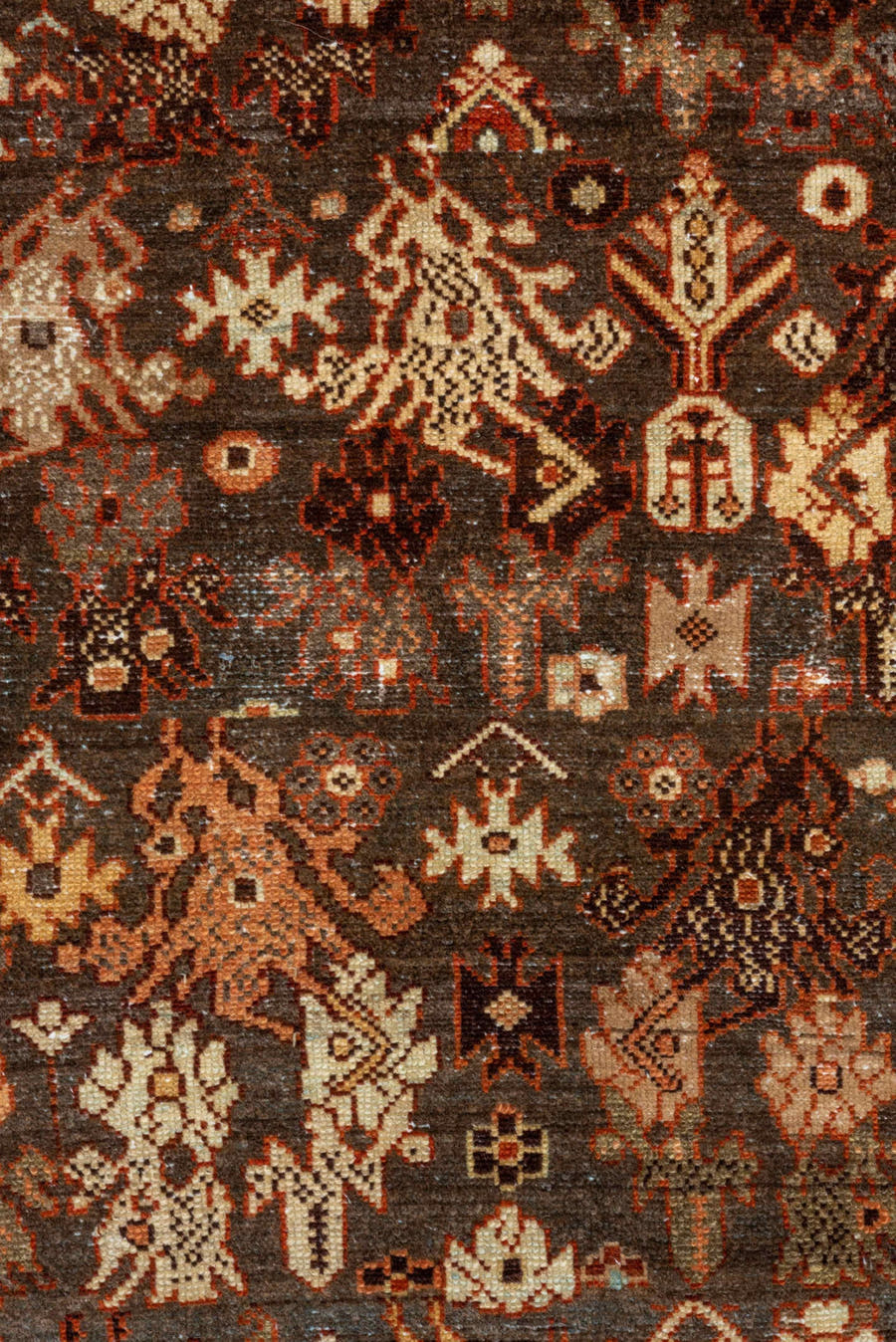 4' x 13' one-of-a-kind handmade vintage Malayer runner rug. Color palette: brown, ivory, rust, terra cotta, charcoal, camel