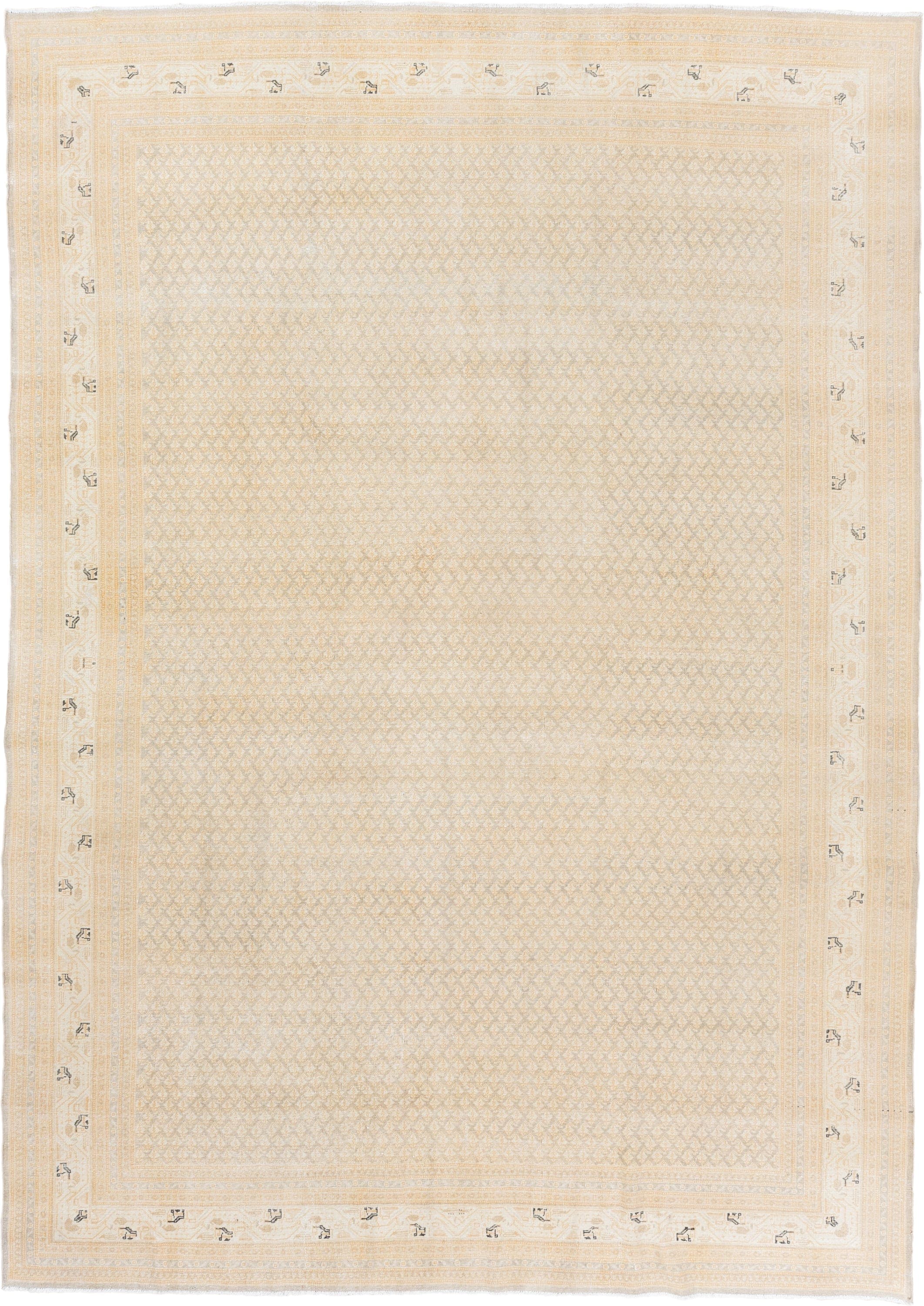7' x 11' one-of-a-kind handmade vintage Saraband large size rug. Color palette: ivory, cream, sand, beige, taupe, camel