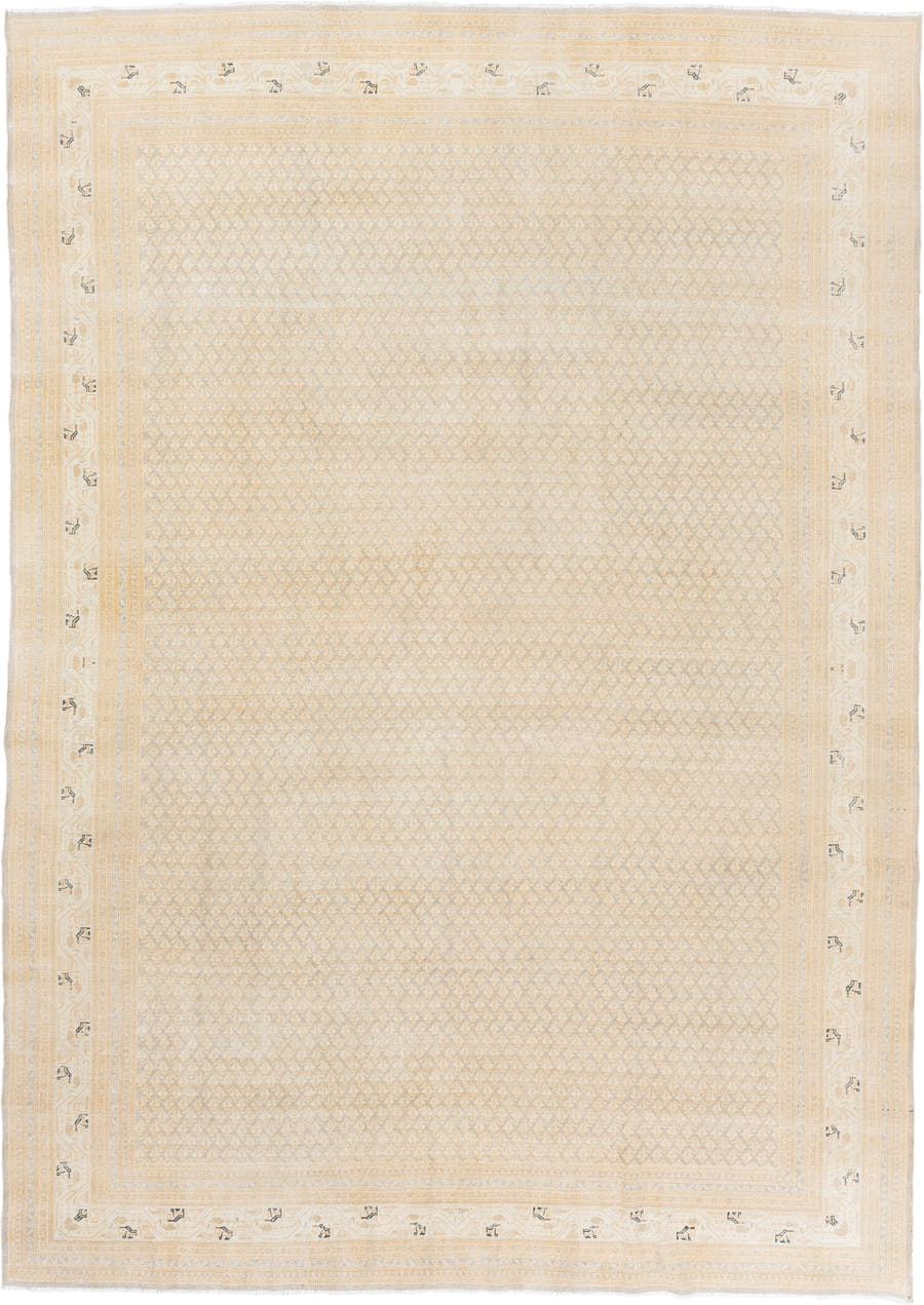 7' x 11' one-of-a-kind handmade vintage Saraband large size rug. Color palette: ivory, cream, sand, beige, taupe, camel