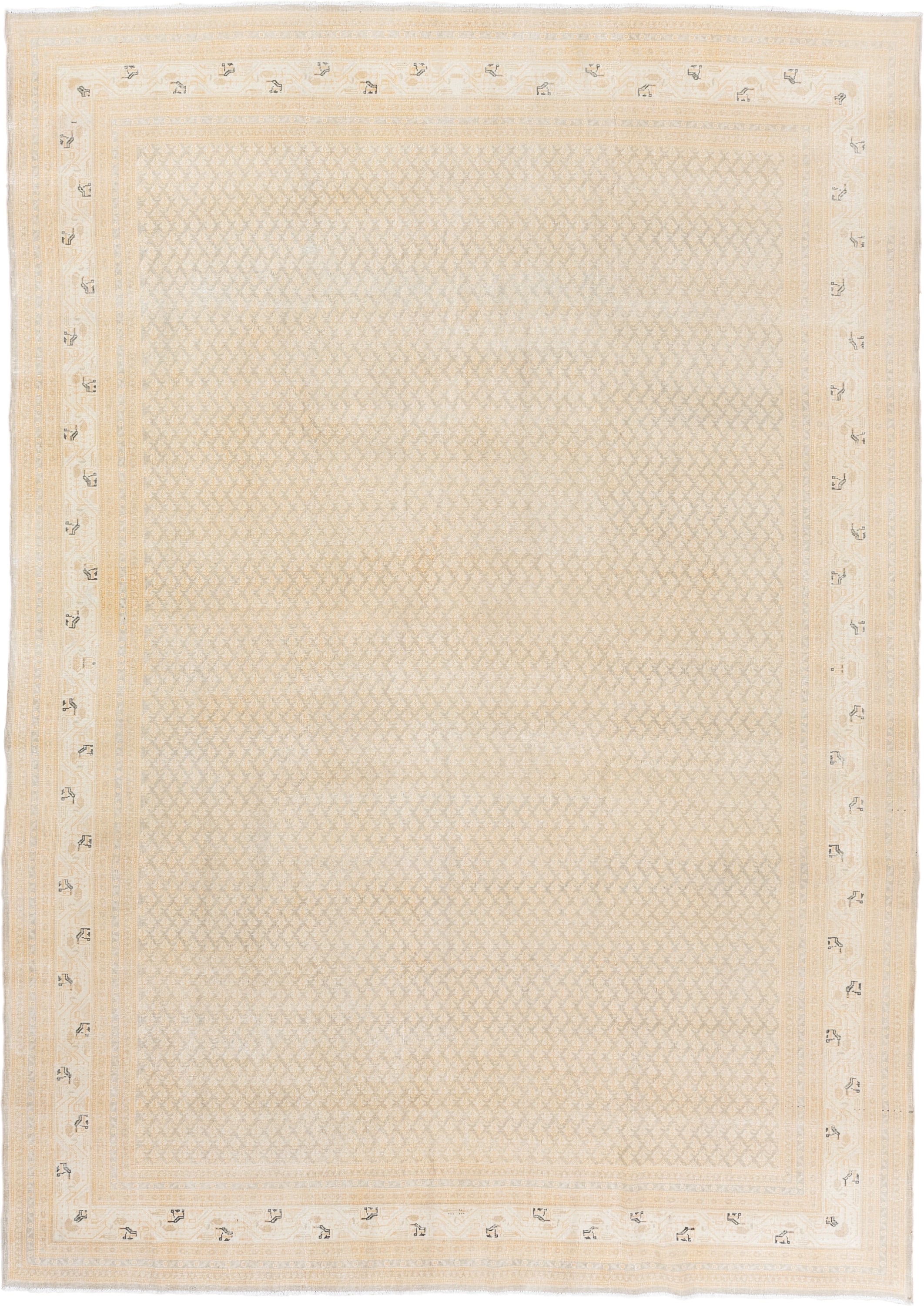 7' x 11' one-of-a-kind handmade vintage Saraband large size rug. Color palette: ivory, cream, sand, beige, taupe, camel