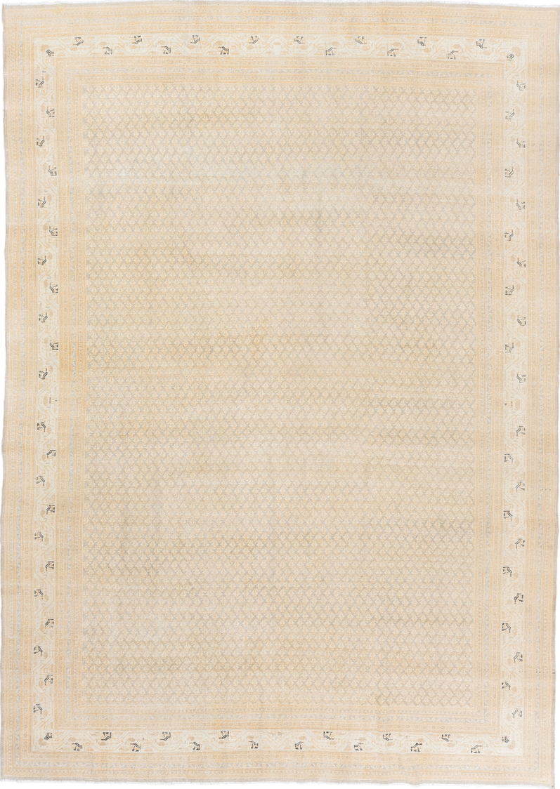 7' x 11' one-of-a-kind handmade vintage Saraband large size rug. Color palette: ivory, cream, sand, beige, taupe, camel