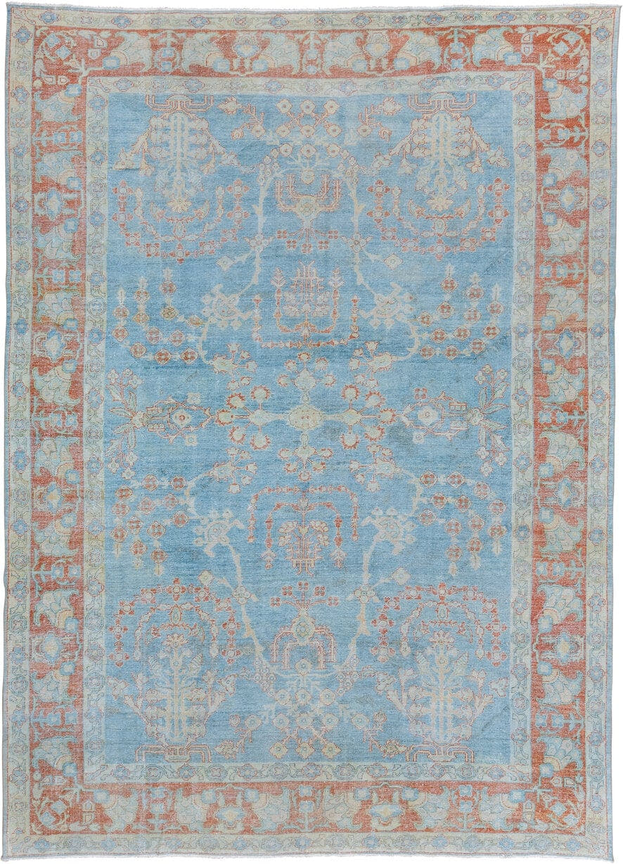 8' x 12' one-of-a-kind handmade vintage Mahal large size rug. Color palette: sky blue, ivory, rust, pale blue, coral, cream