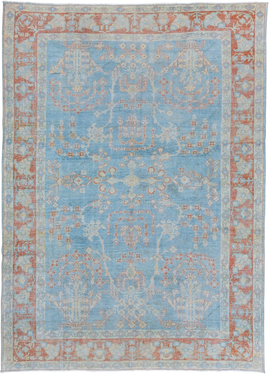 8' x 12' one-of-a-kind handmade vintage Mahal large size rug. Color palette: sky blue, ivory, rust, pale blue, coral, cream