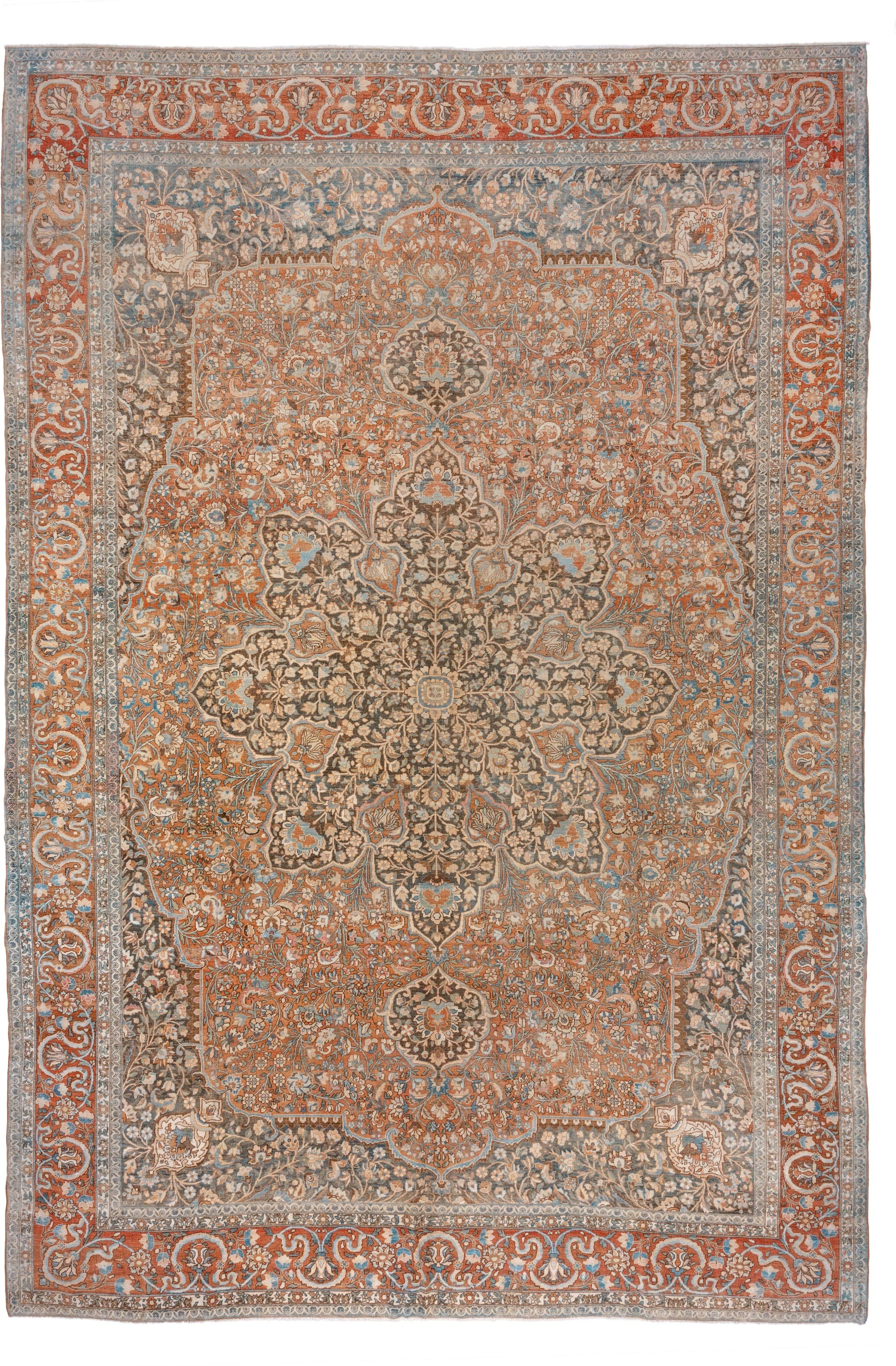 12' x 17' one-of-a-kind handmade vintage Baktiary oversize rug. Color palette: rust, charcoal, sky blue, ivory, taupe, camel