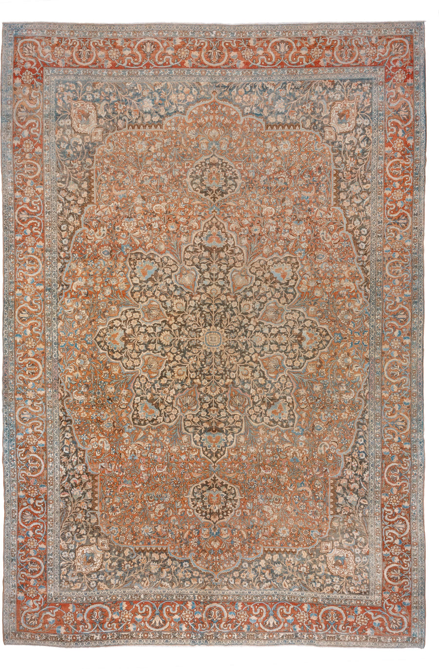 12' x 17' one-of-a-kind handmade vintage Baktiary oversize rug. Color palette: rust, charcoal, sky blue, ivory, taupe, camel