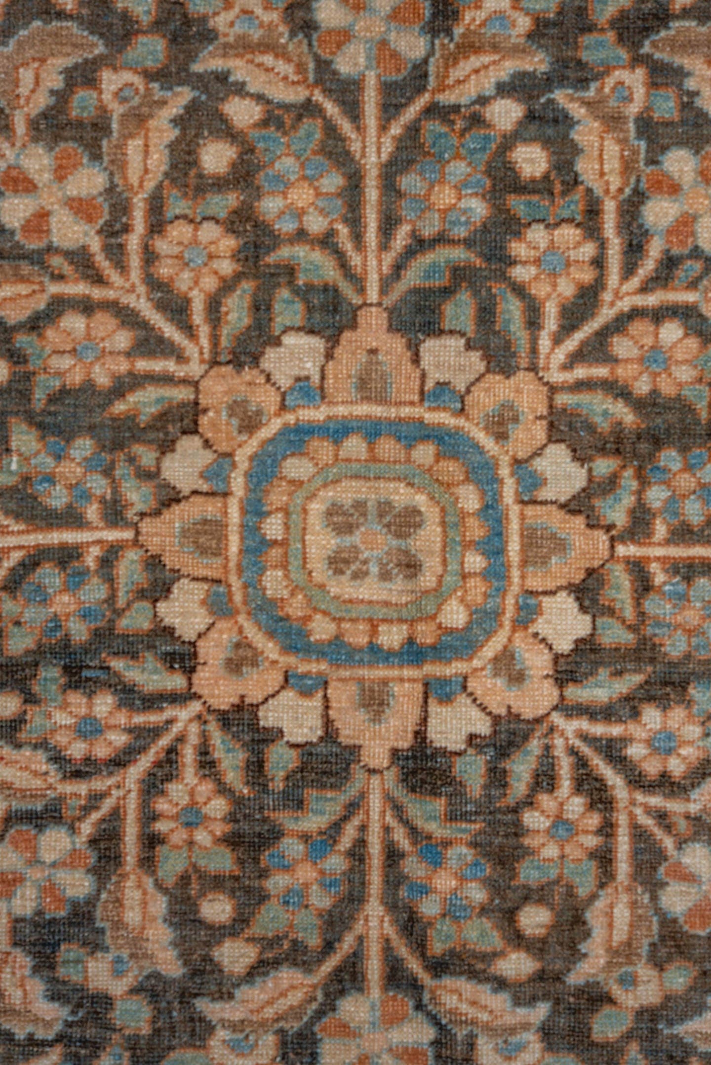 12' x 17' one-of-a-kind handmade vintage Baktiary oversize rug. Color palette: rust, charcoal, sky blue, ivory, taupe, camel