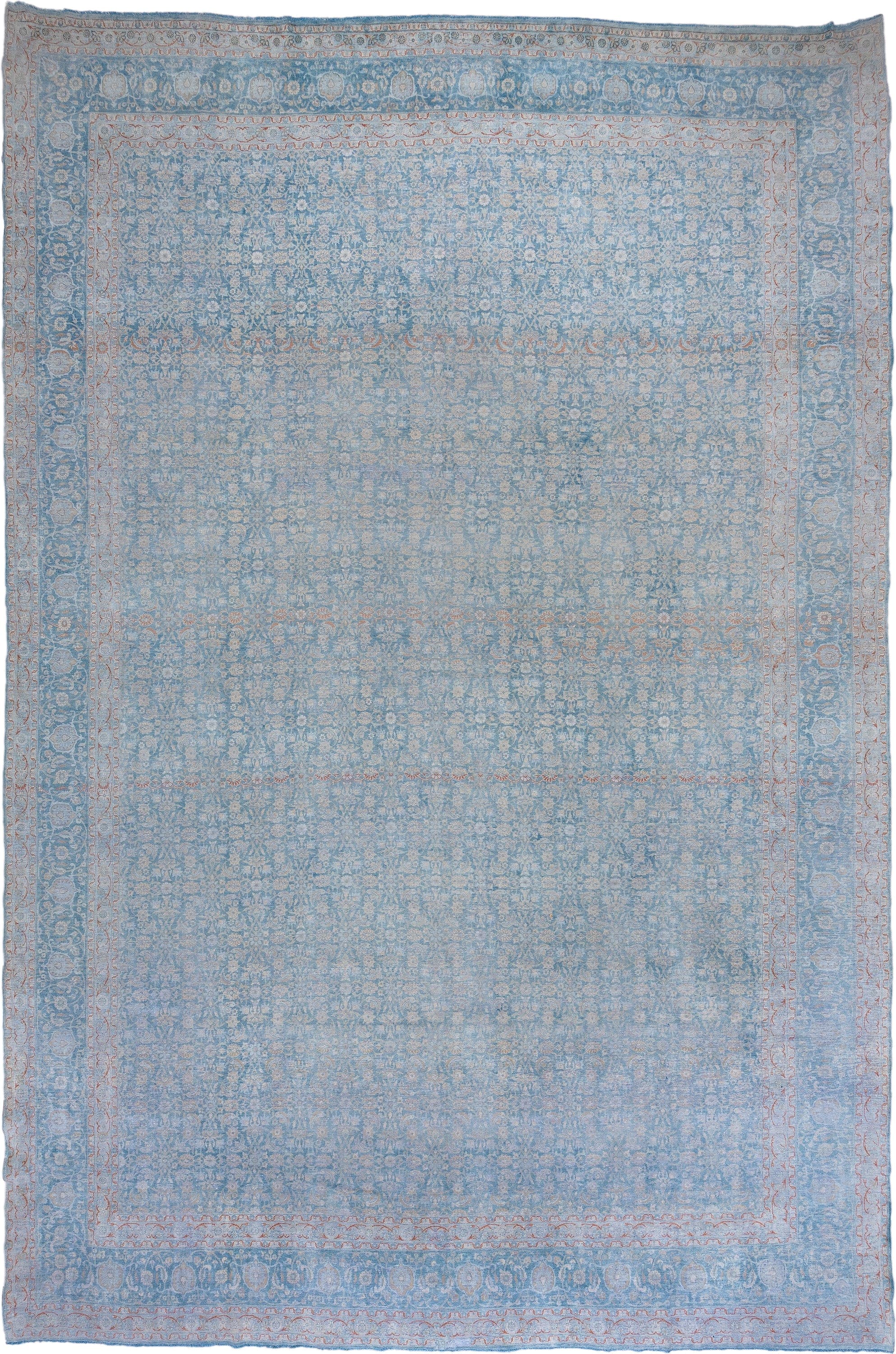 12' x 19' one-of-a-kind handmade vintage Tabriz oversize rug. Color palette: pale blue, ivory, blush, sky blue, cream