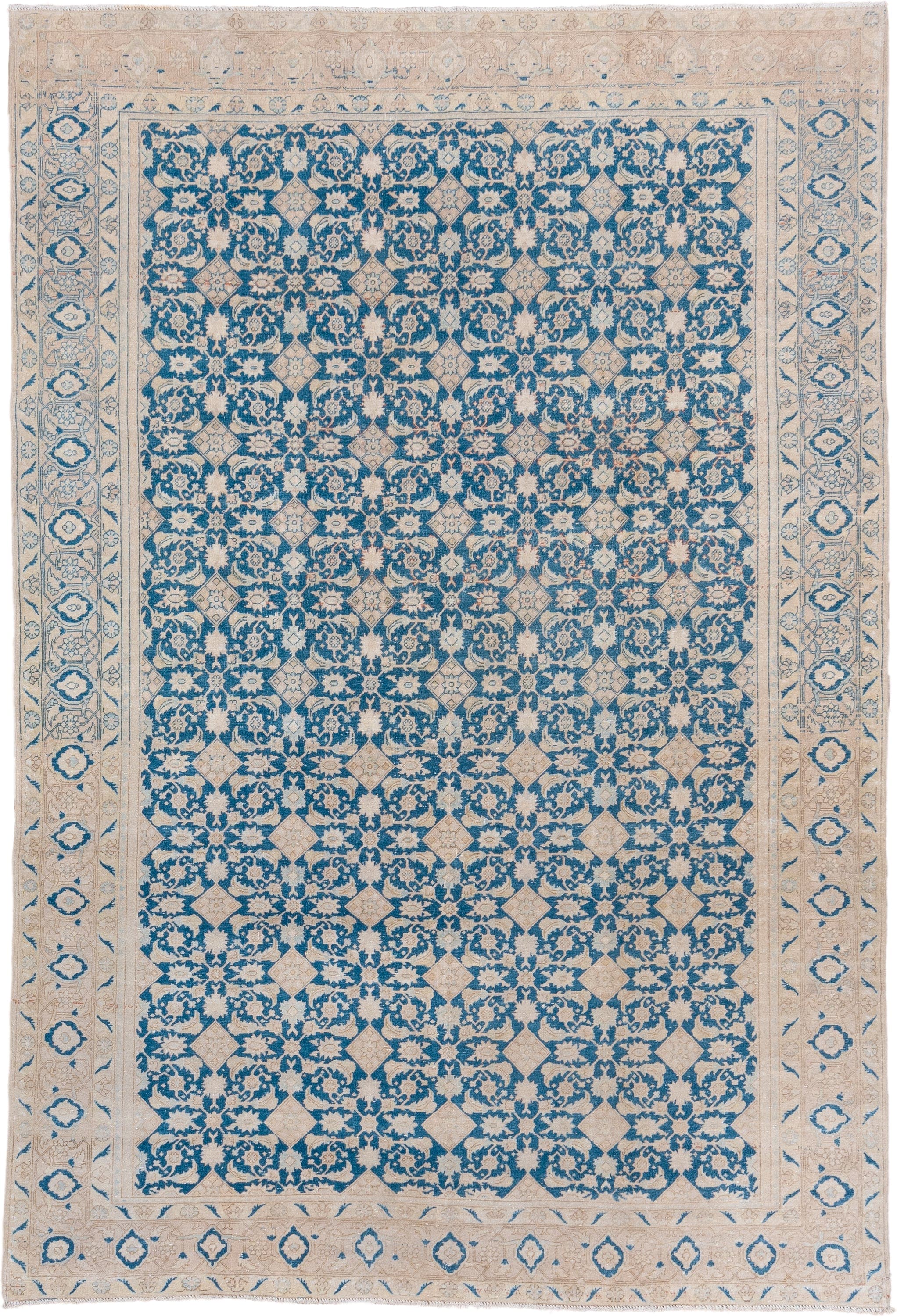 7' x 10' one-of-a-kind handmade vintage Tabriz large size rug. Color palette: ivory, sky blue, beige, cream, taupe