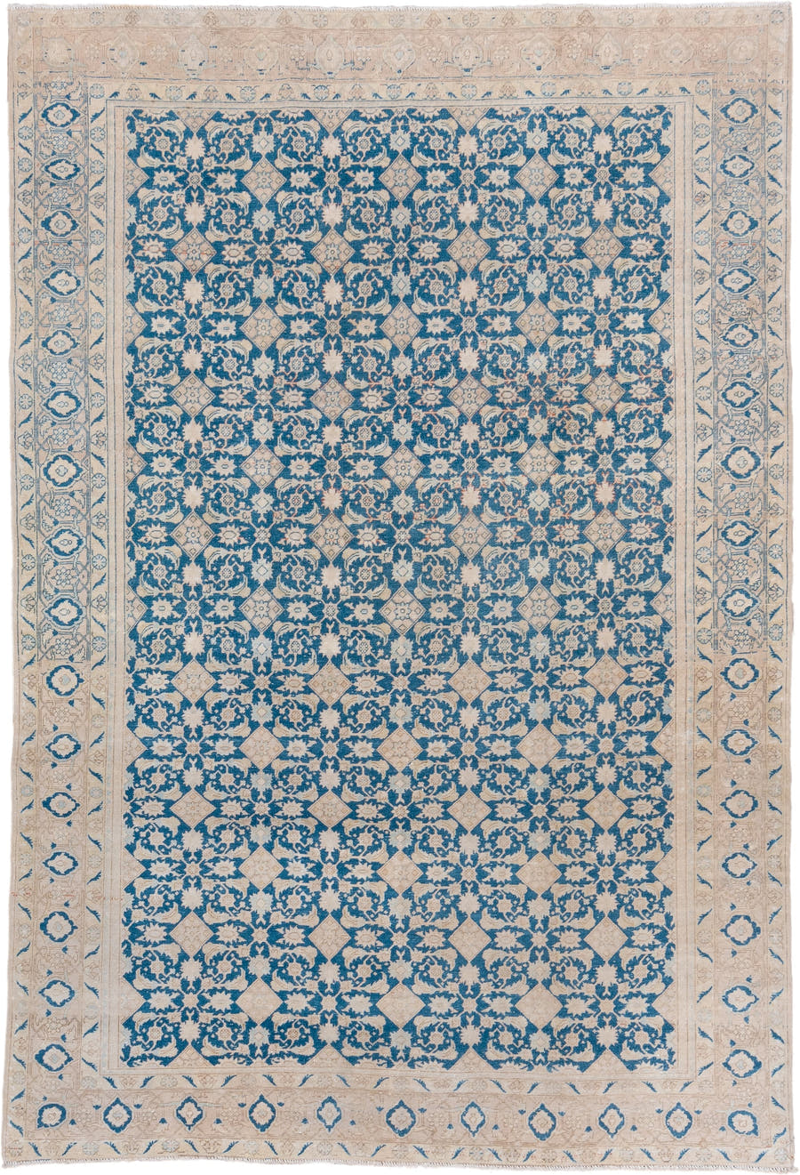 7' x 10' one-of-a-kind handmade vintage Tabriz large size rug. Color palette: ivory, sky blue, beige, cream, taupe