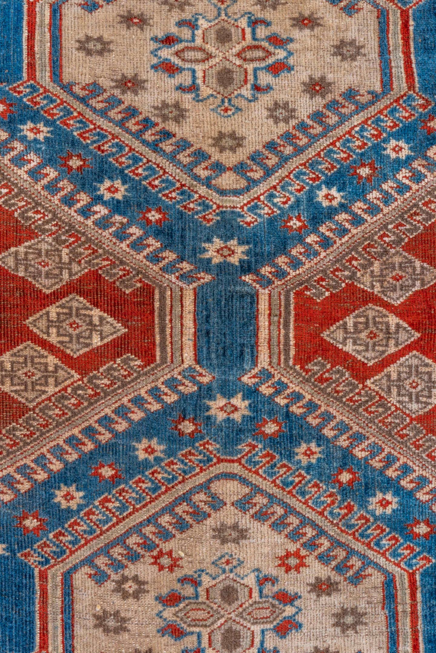 7' x 10' one-of-a-kind handmade vintage Shiraz large size rug. Color palette: blue, ivory, rust, light blue, camel, taupe